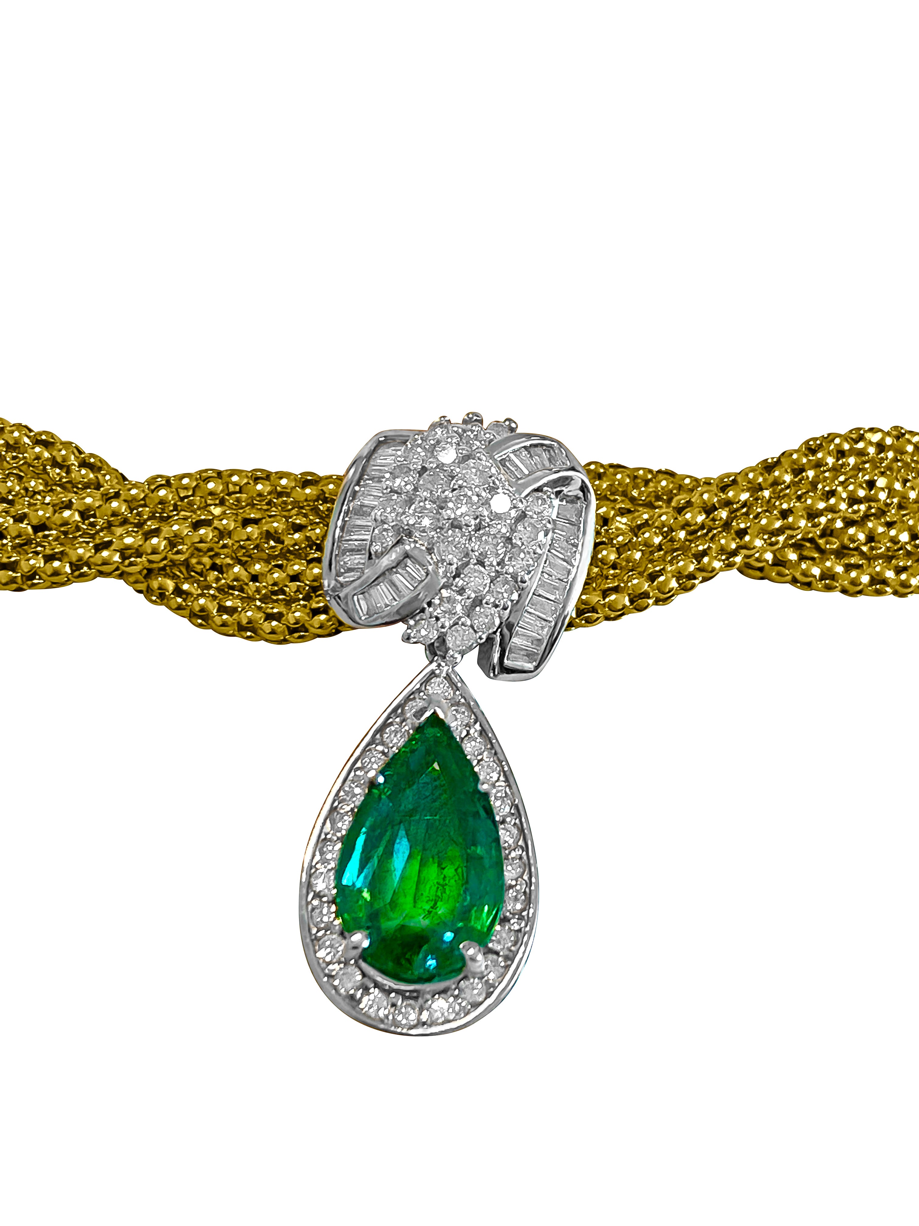 14k Gold Emerald Diamond Necklace Certified