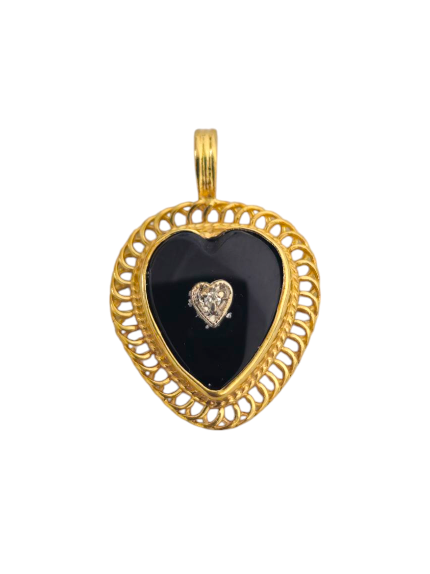 Onyx & Diamond Heart Pendant in 14k Gold
