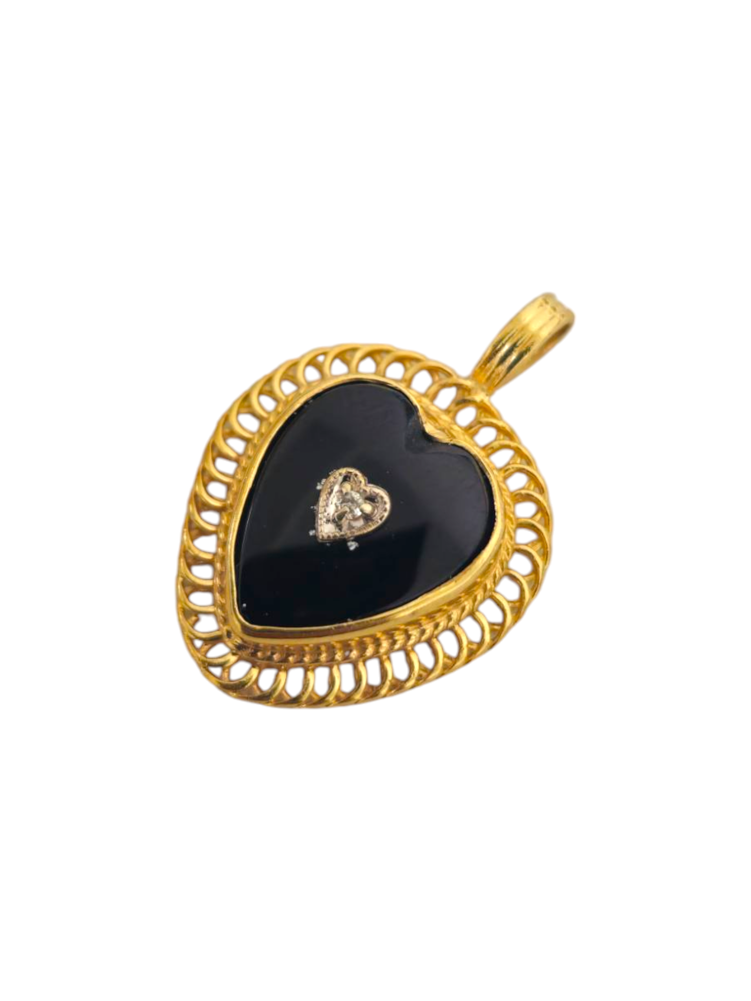 Onyx & Diamond Heart Pendant in 14k Gold