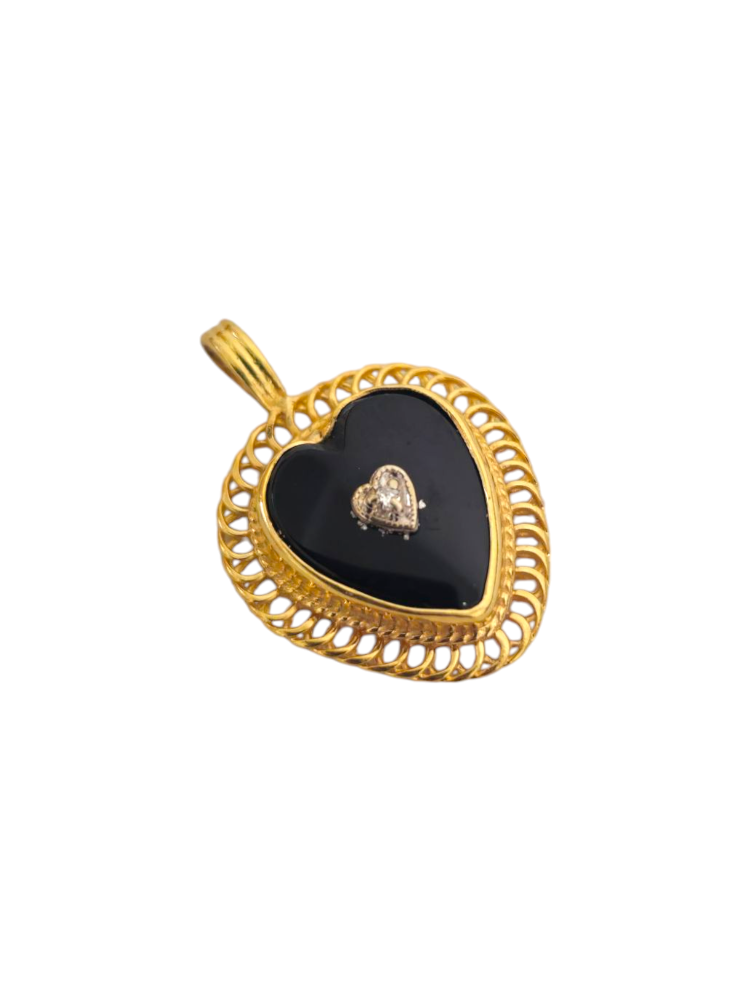 Onyx & Diamond Heart Pendant in 14k Gold
