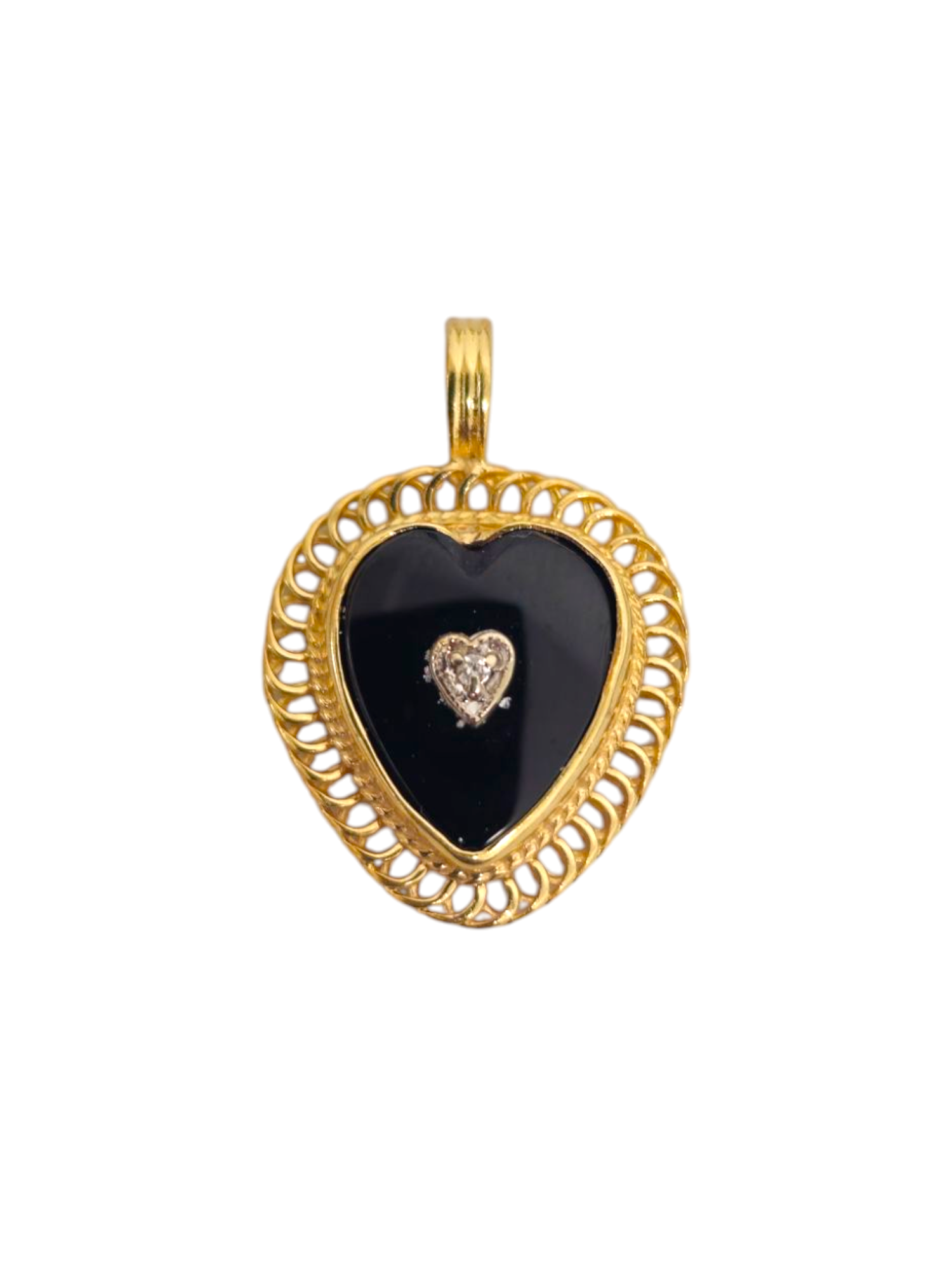 Onyx & Diamond Heart Pendant in 14k Gold