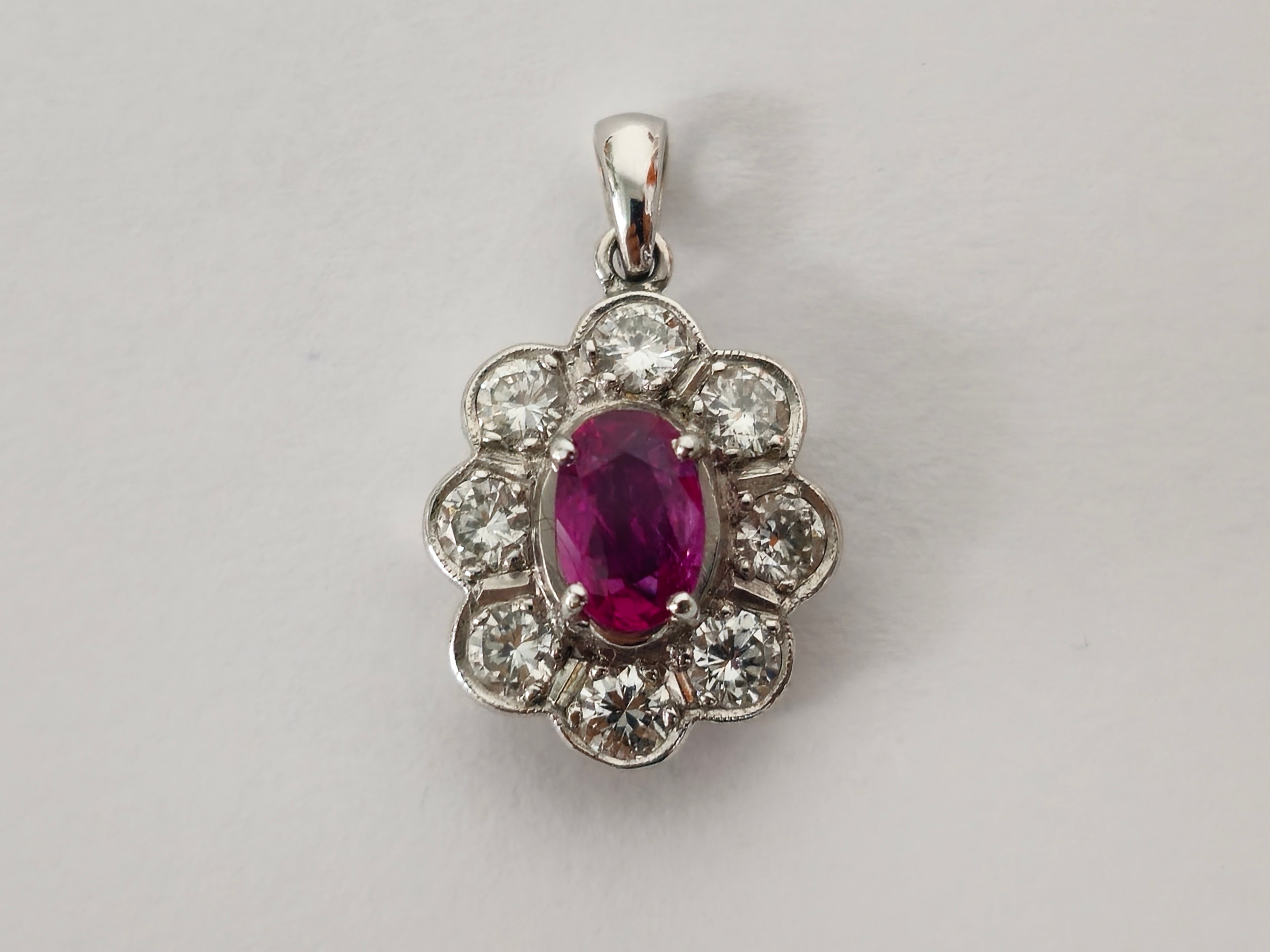 18K White Gold, No Heat Ruby and White Diamond Pendant