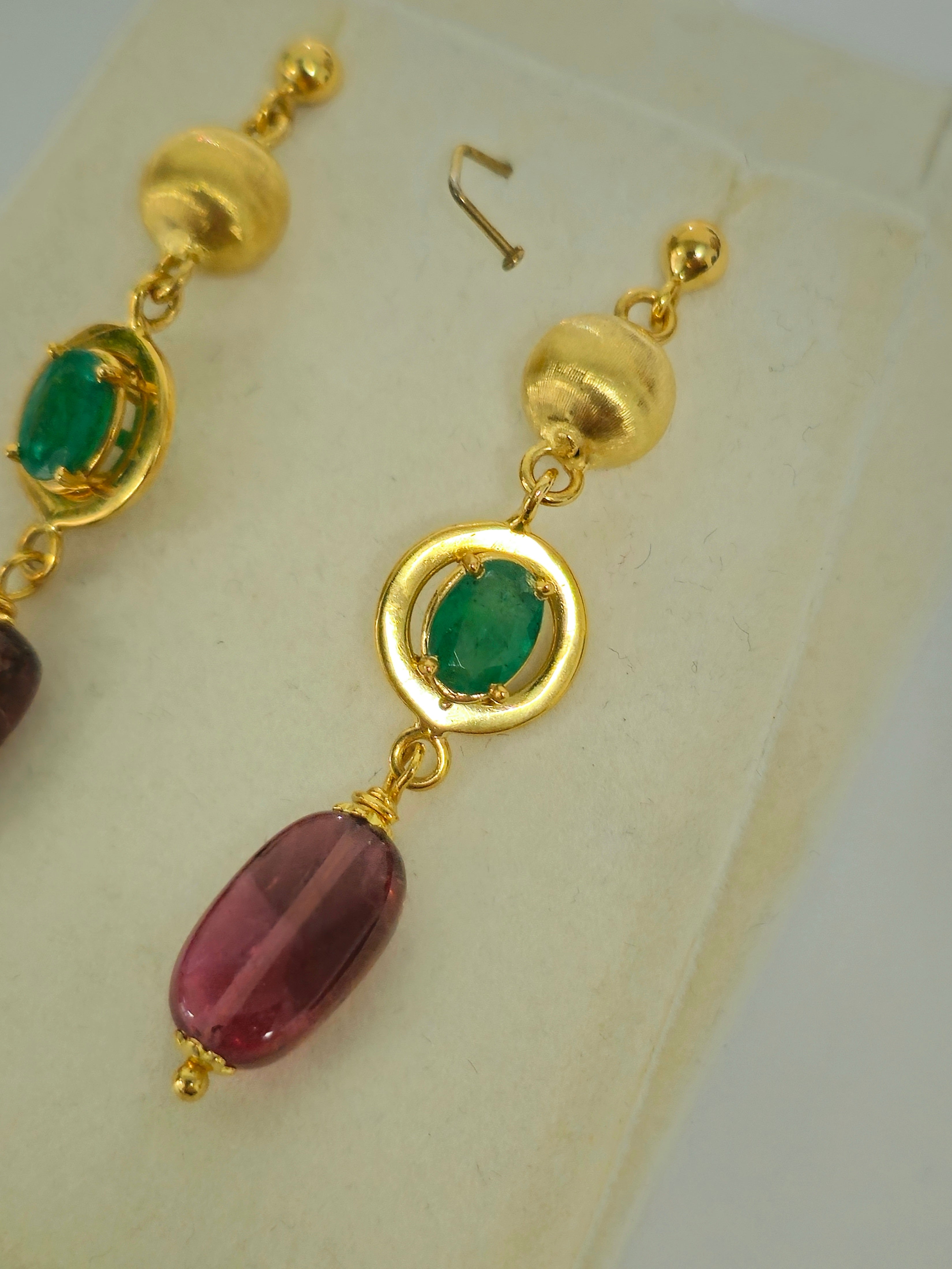 Womens Vintage Emerald, Tourmaline & 14K Gold Earrings