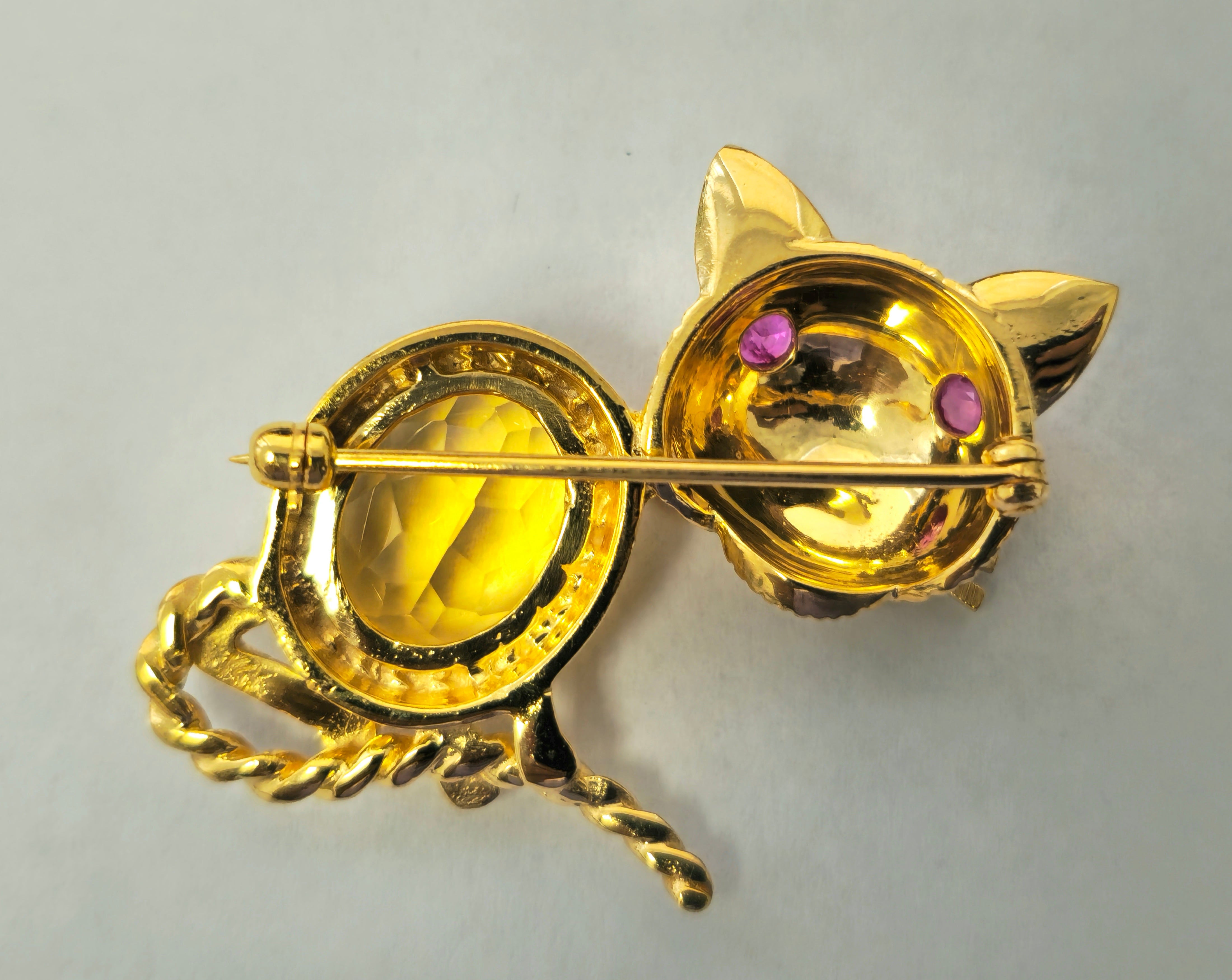 Cat Motif Ruby and Citrine Pin in 14k Yellow Gold