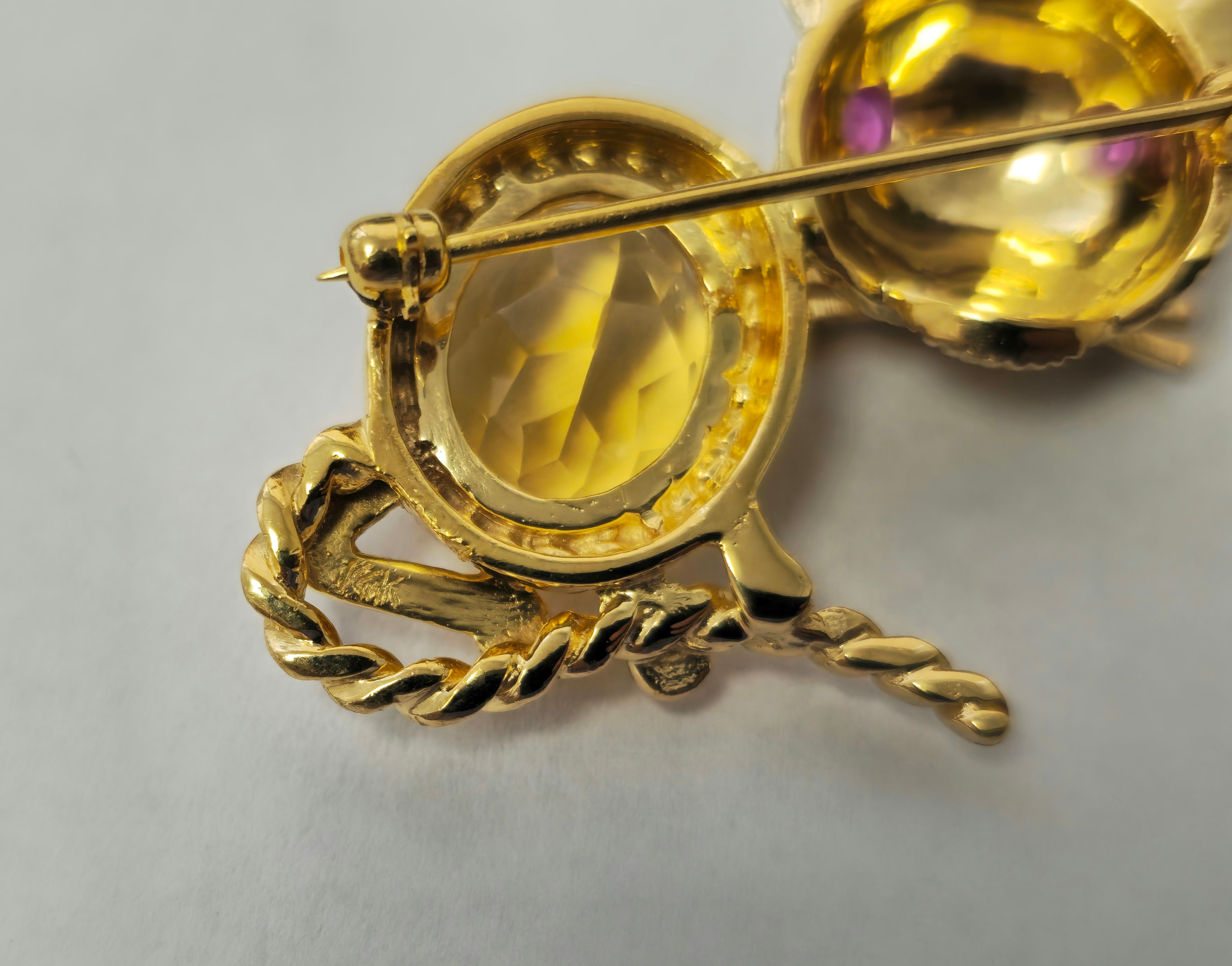 Cat Motif Ruby and Citrine Pin in 14k Yellow Gold