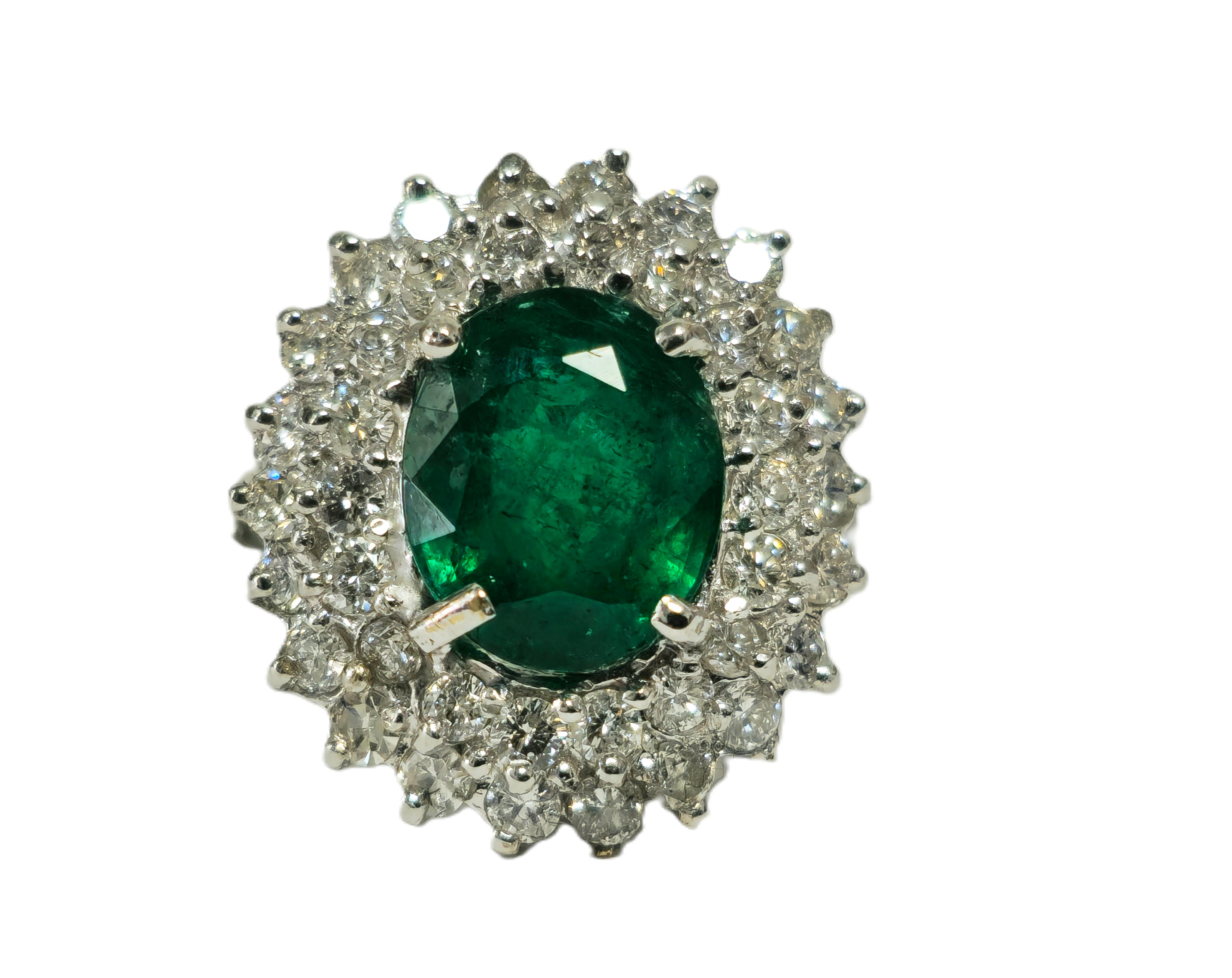 GIA 14K White Gold Emerald Diamond Cocktail Ring