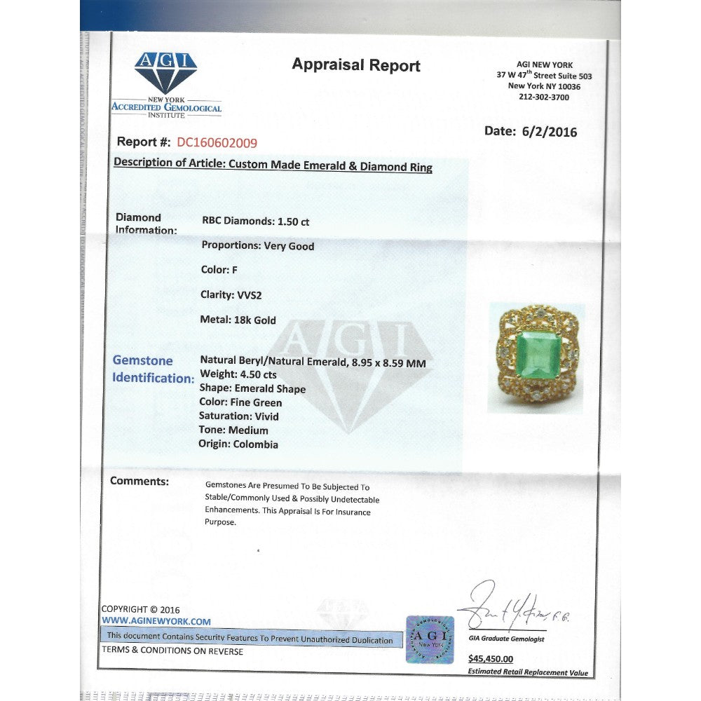 18k Gold Vintage 6 ct Emerald Diamond Cocktail Ring