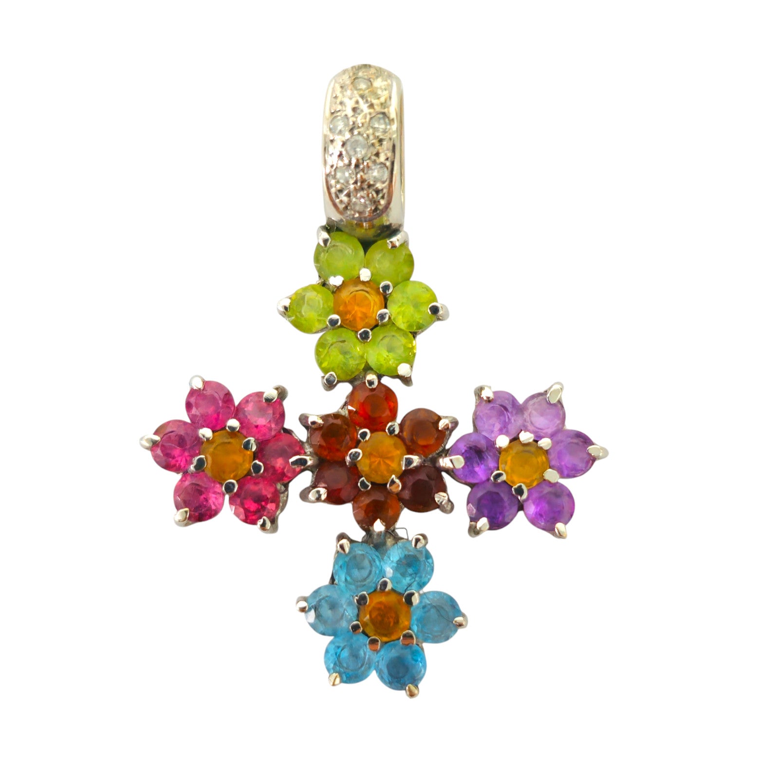 18k Gold Multi Color Gemstone Diamond Cross pendant