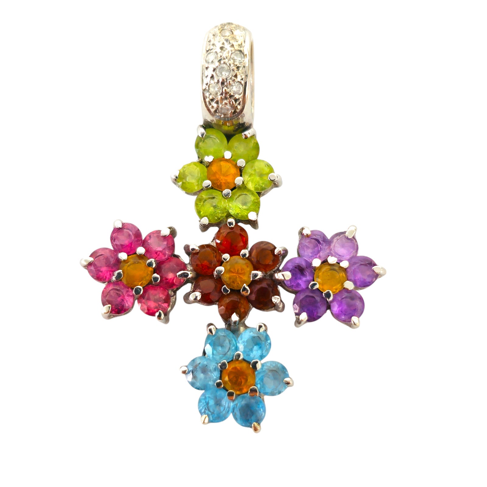 18k Gold Multi Color Gemstone Diamond Cross pendant