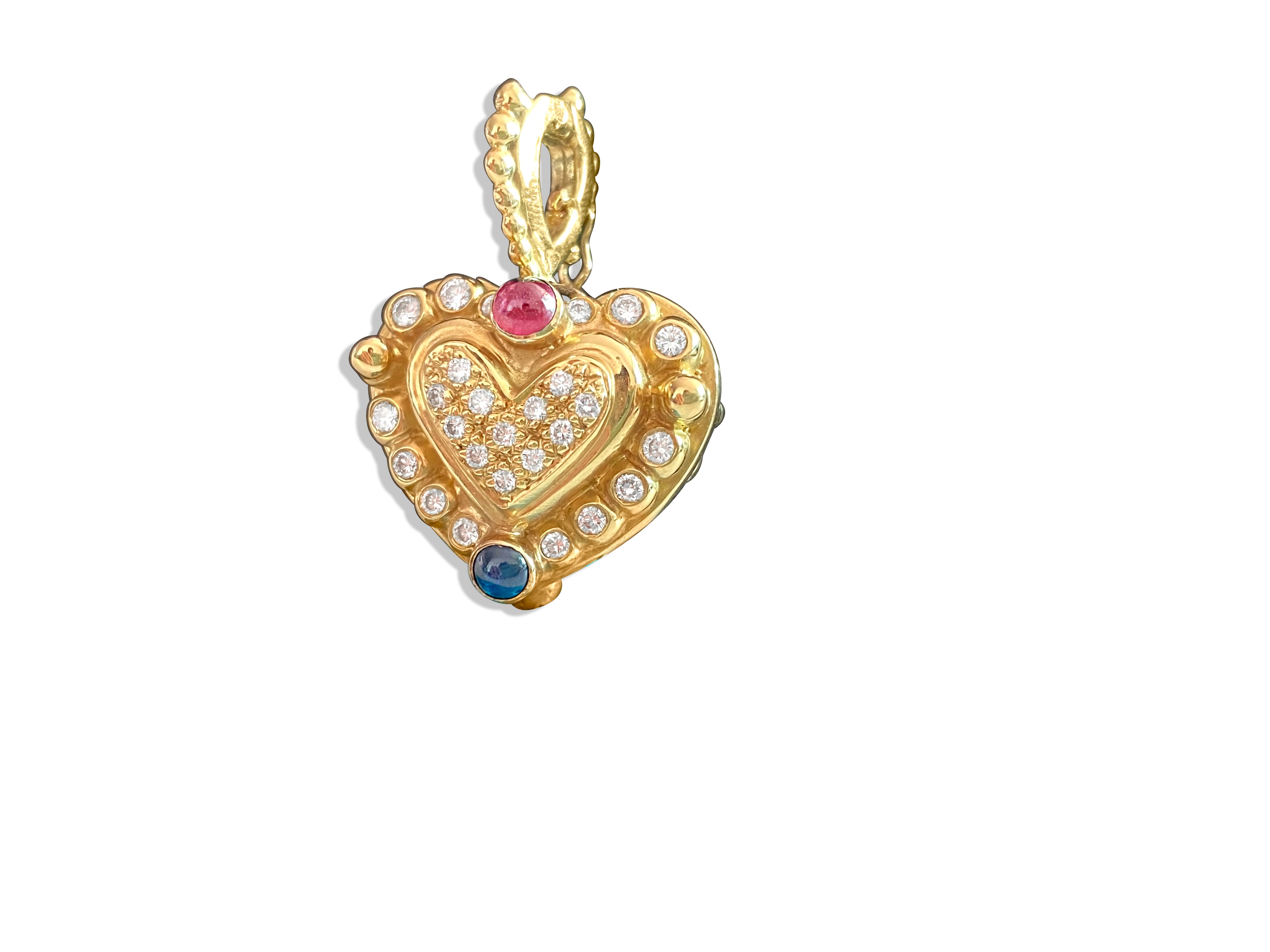 18K, 1.25 CT diamond, ruby and sapphire Heart Pendant