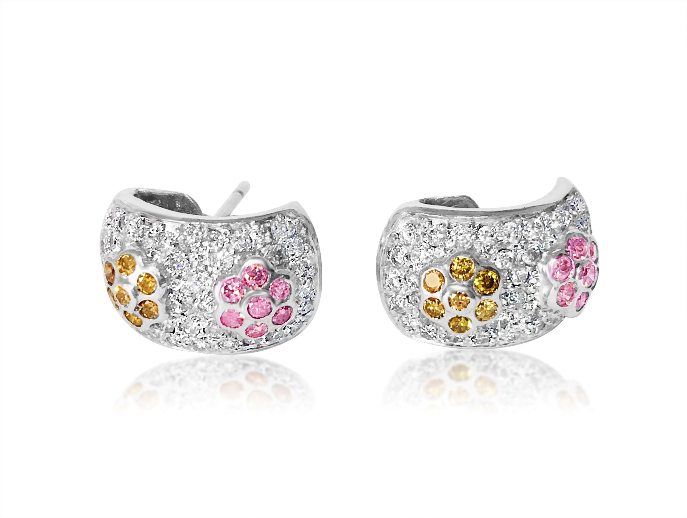 2.0 CT white, pink & yellow diamonds in 14k earrings
