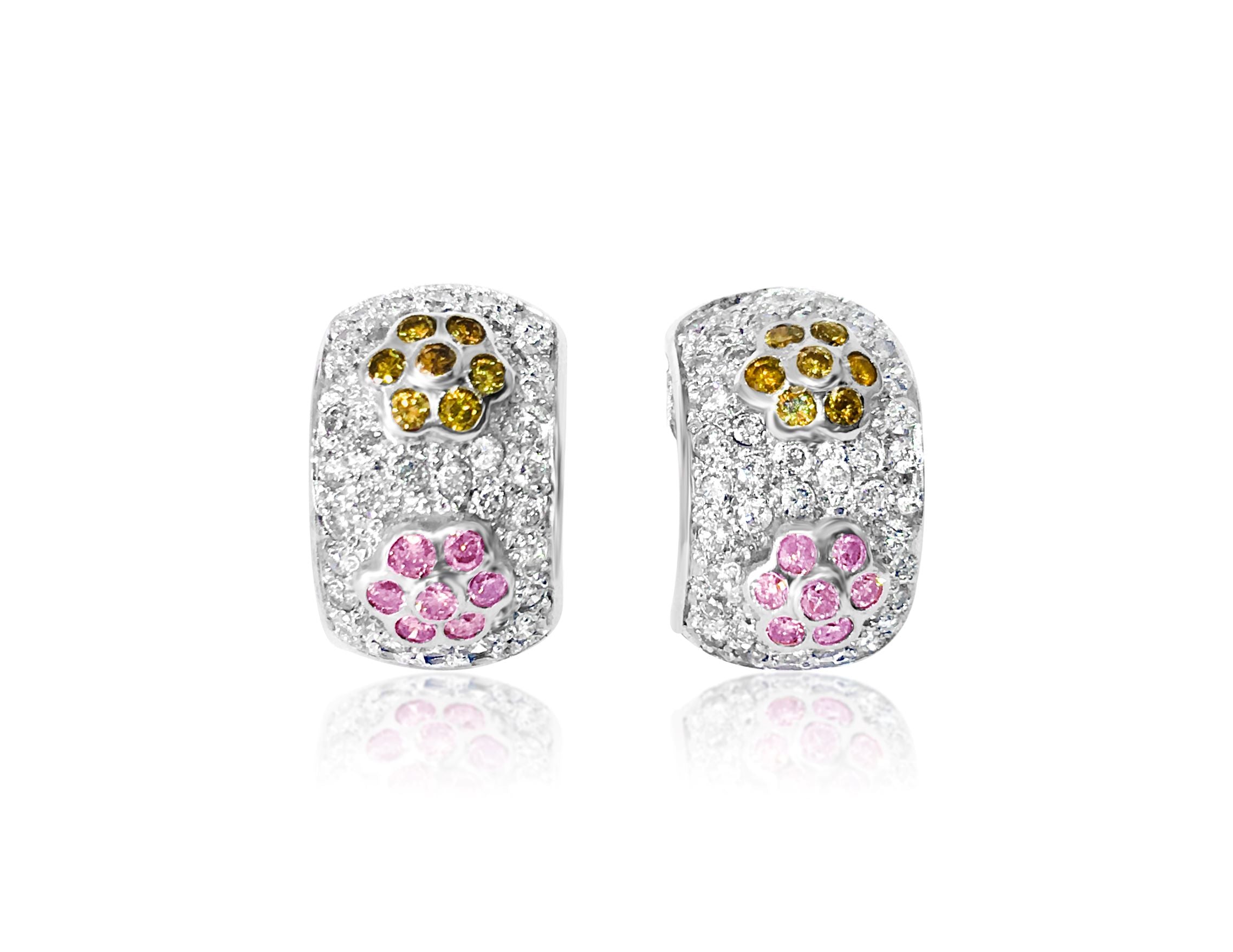 2.0 CT white, pink & yellow diamonds in 14k earrings