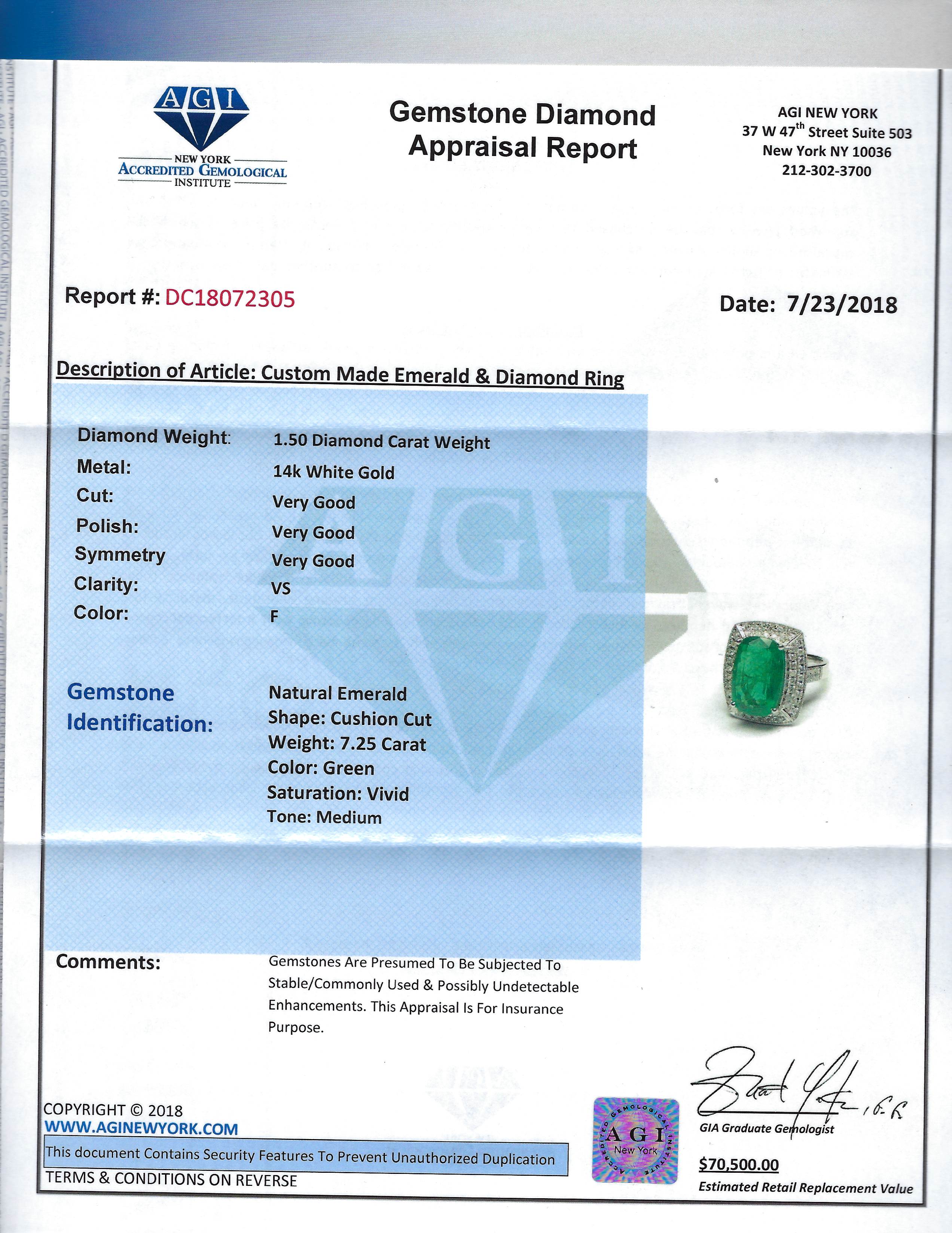 GIA Certified Vibrant 7.25 Carat Emerald & Diamond Ring