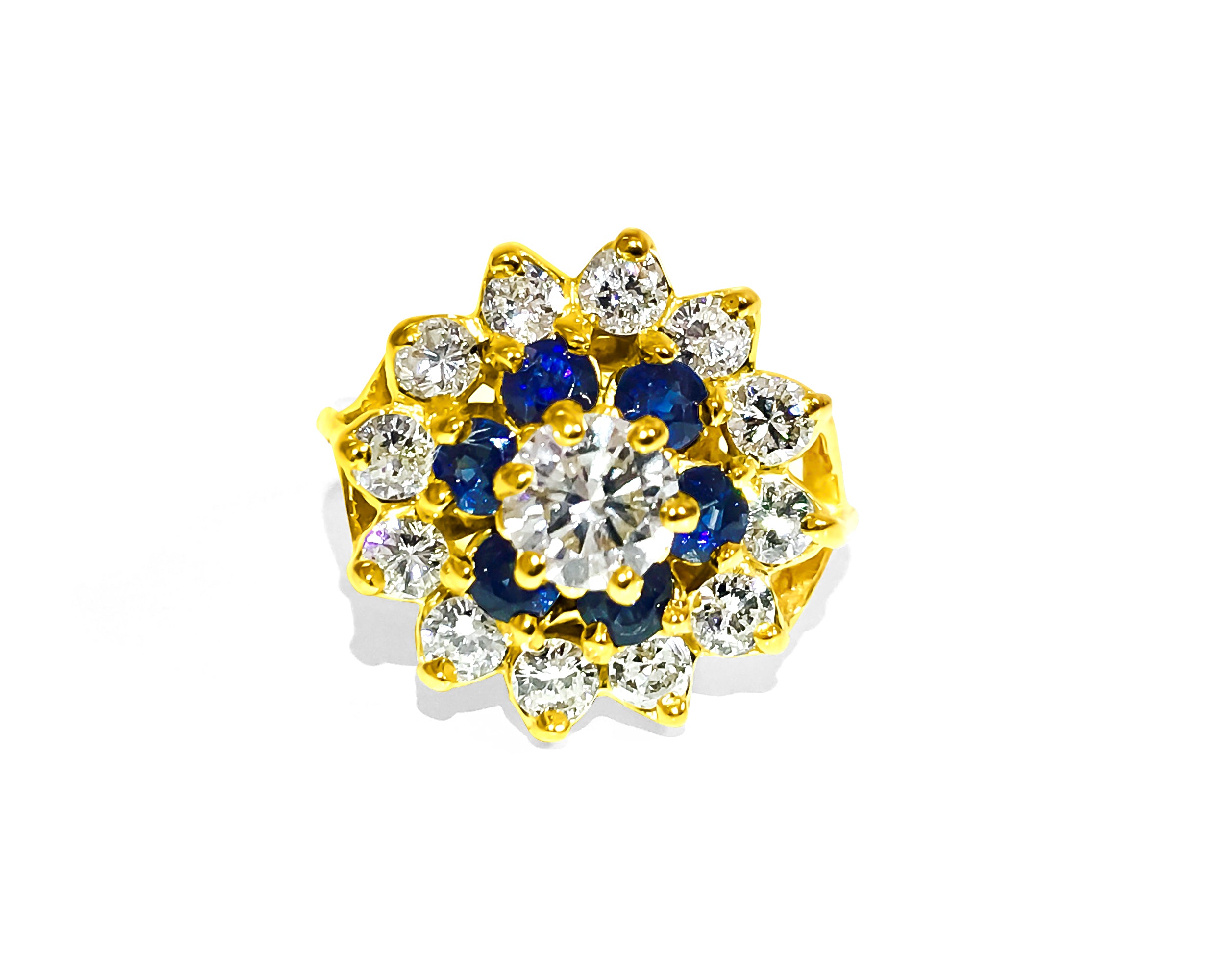 18K Gold. 2.12 Carat Diamond and Blue Sapphire Ring
