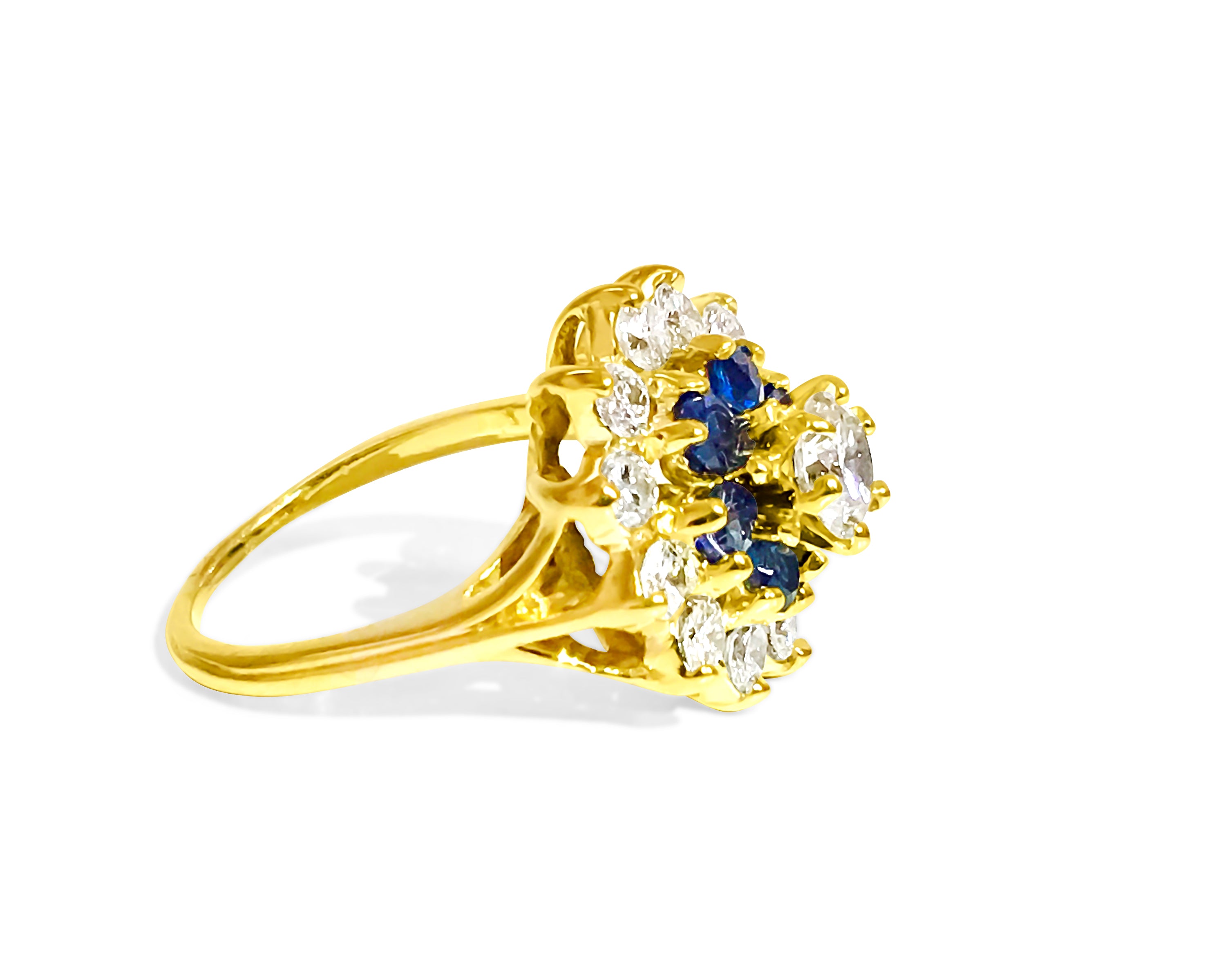 18K Gold. 2.12 Carat Diamond and Blue Sapphire Ring