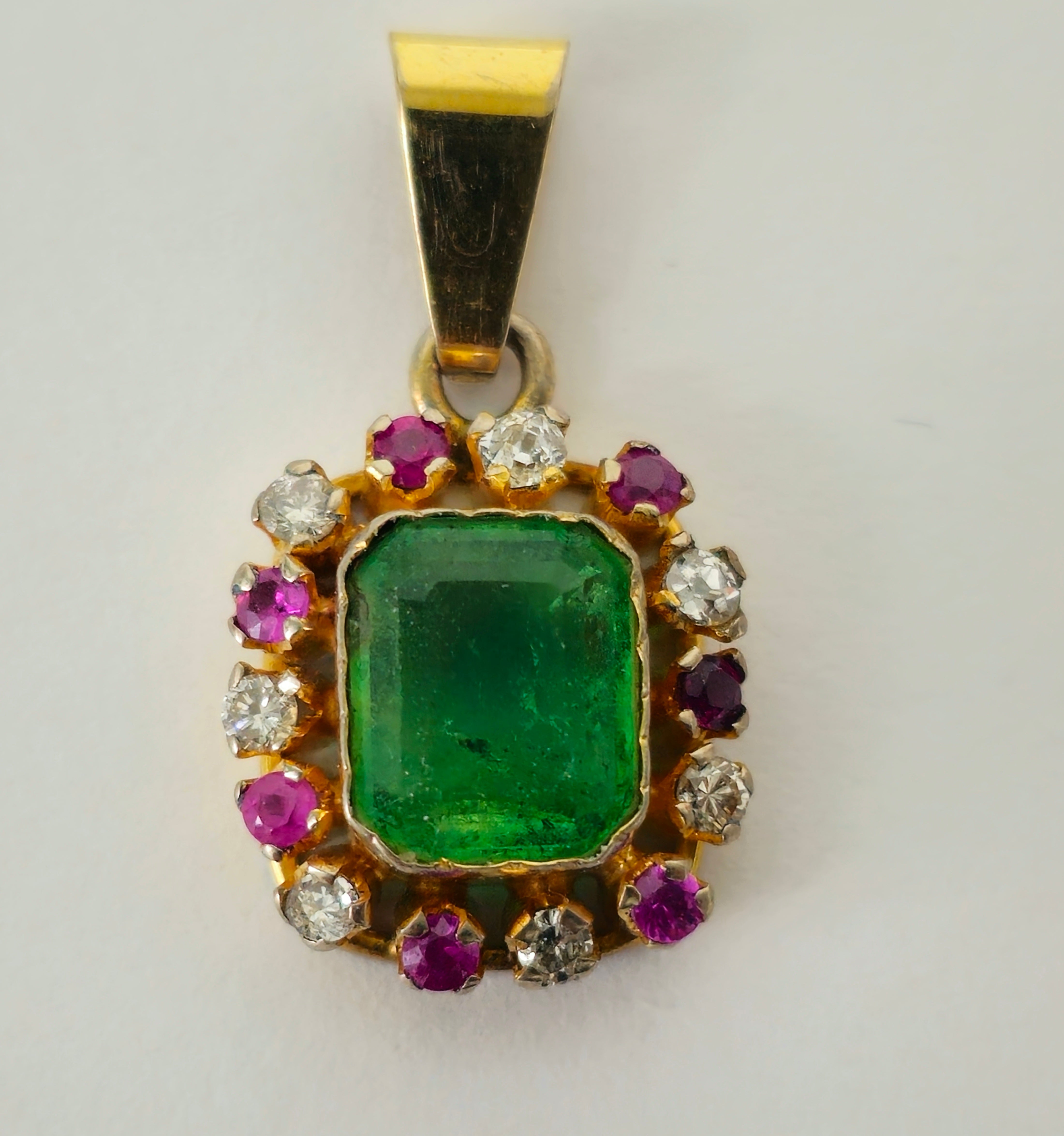 3.00 Carat Diamond, Emerald & Ruby Pendant. 18K Gold