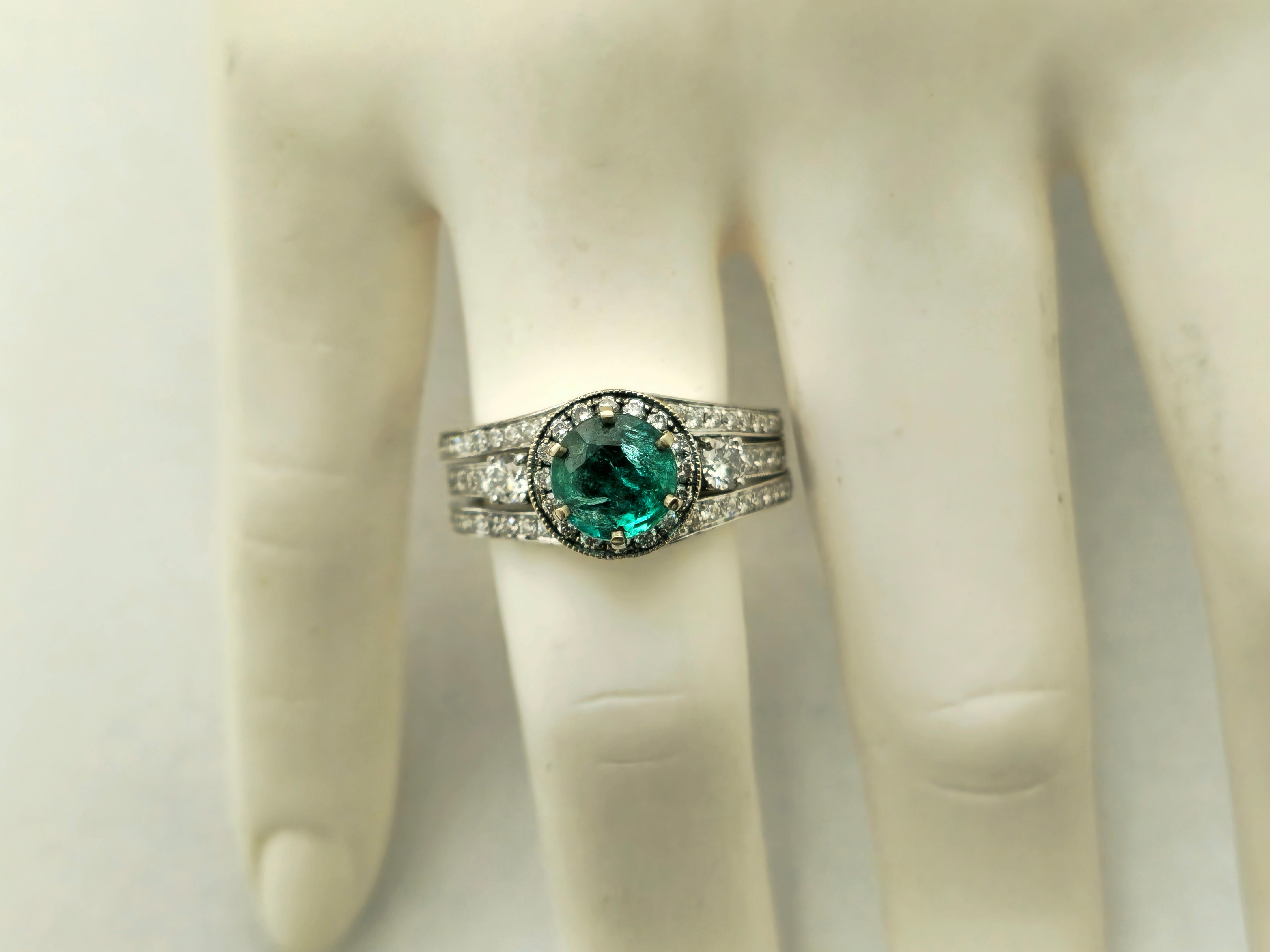 Art Deco, Emerald & Diamond Ring in 14k White Gold.