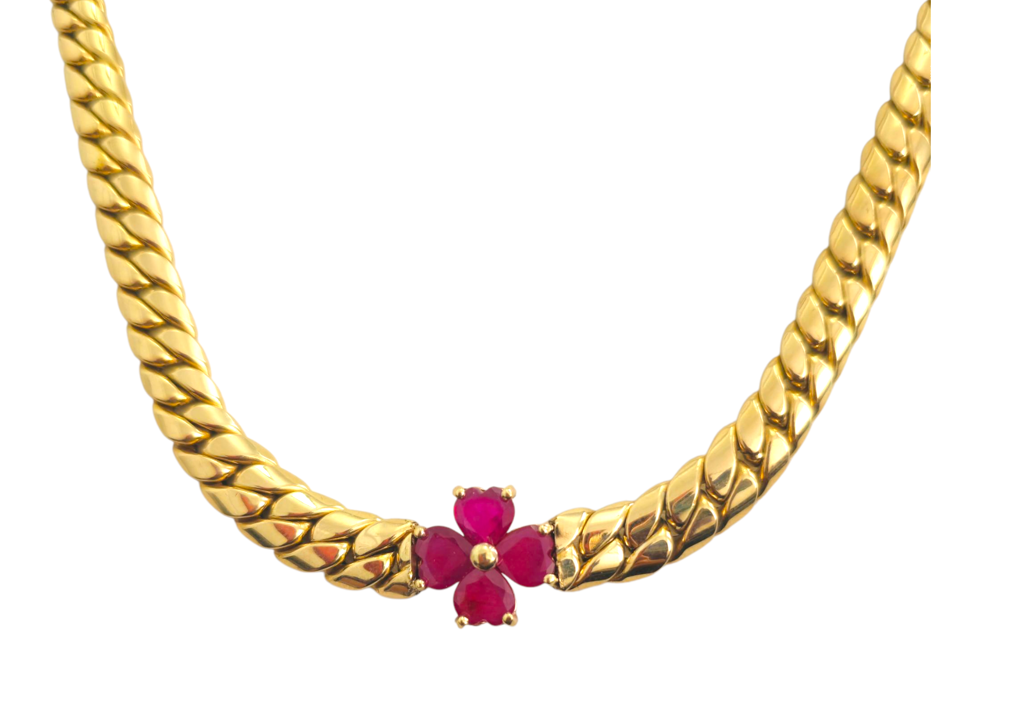 Petal Motif Ruby & Gold Cuban Chain in 14k Gold