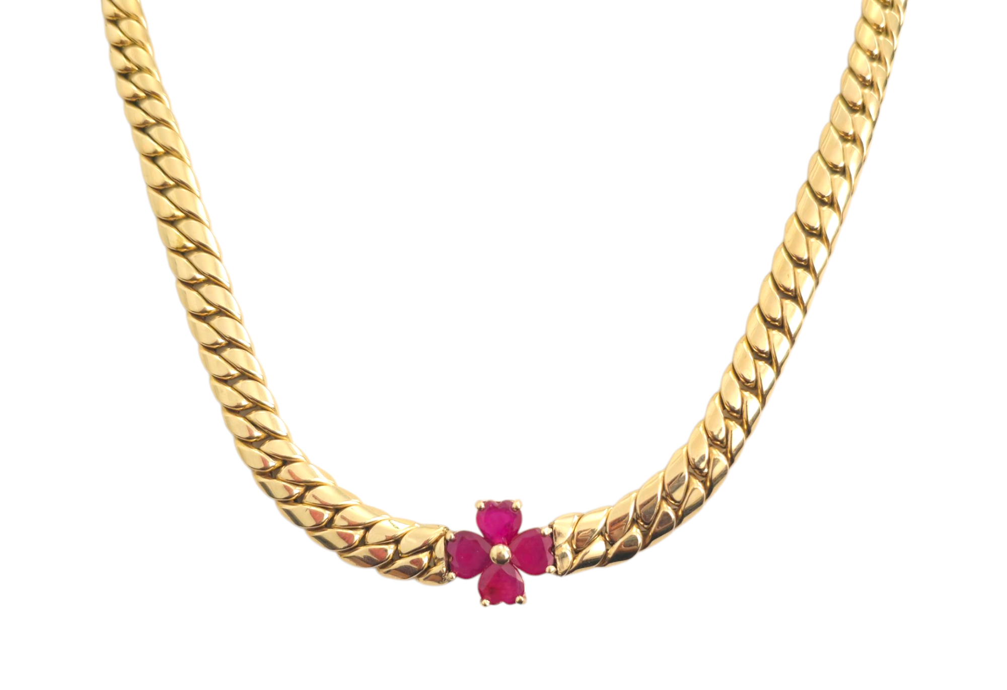 Petal Motif Ruby & Gold Cuban Chain in 14k Gold