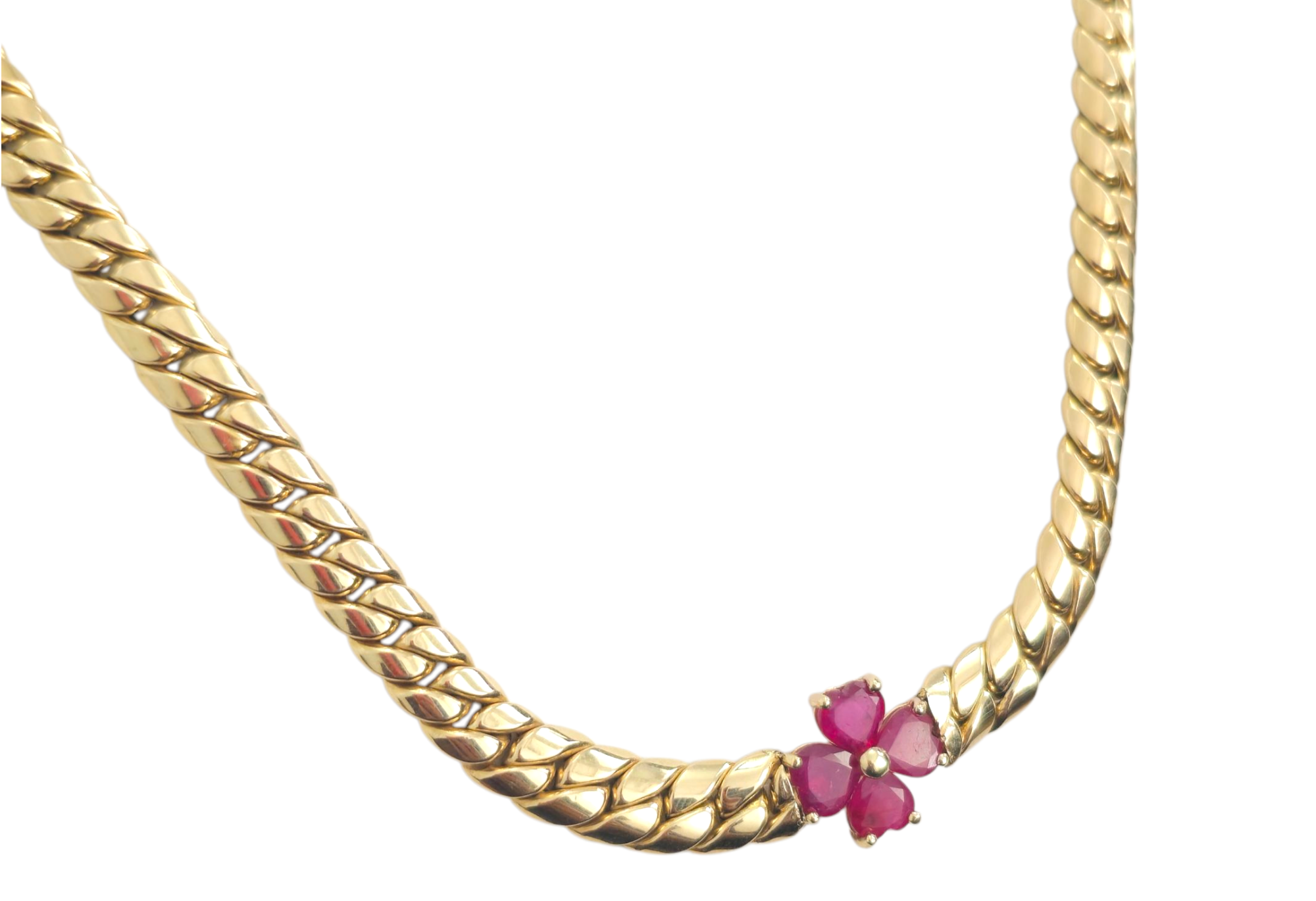 Petal Motif Ruby & Gold Cuban Chain in 14k Gold