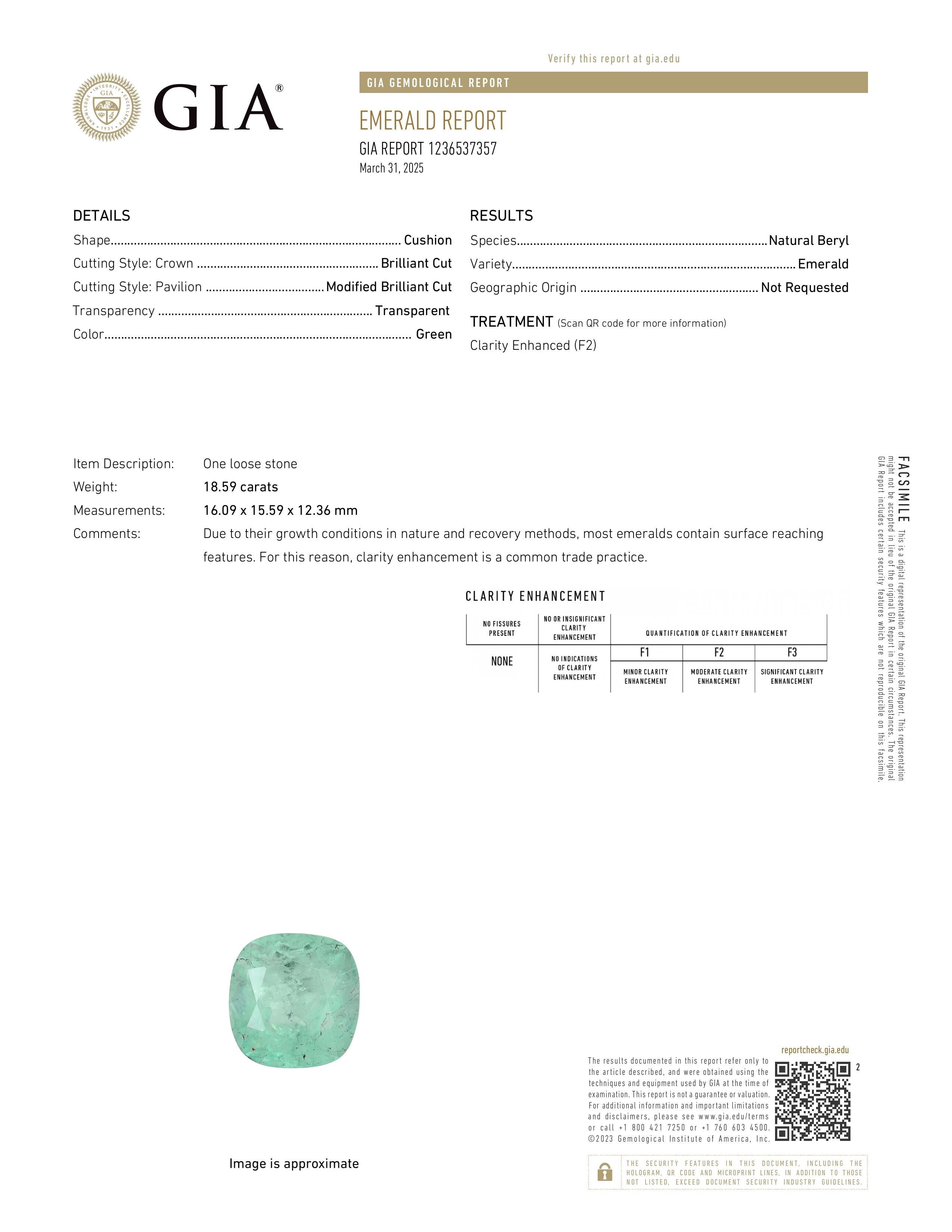 GIA Certified 18.59 Carat Loose Emerald Cushion Cut