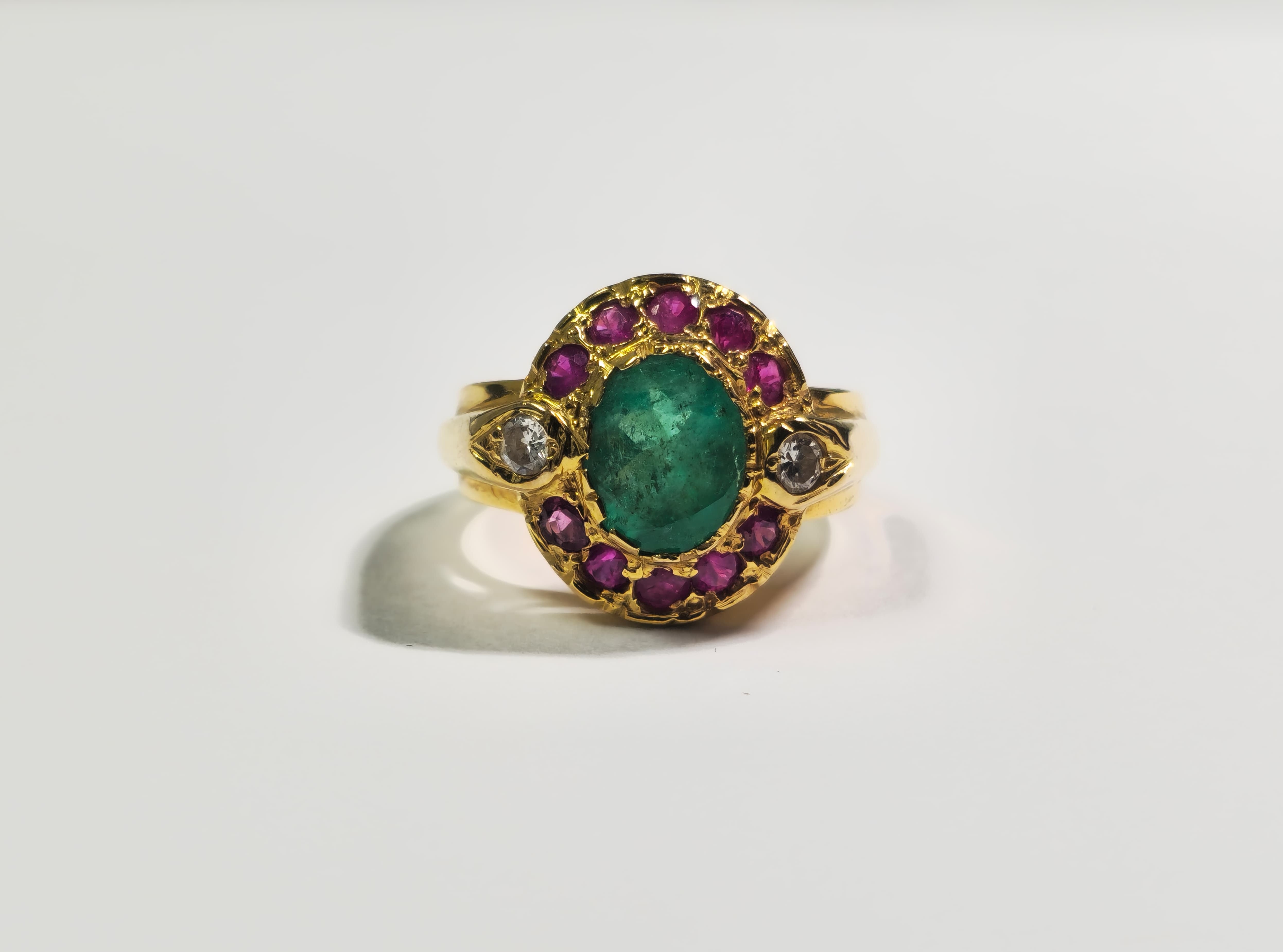 2.4ct Emerald,  Ruby and Diamond Ring in 18k Gold