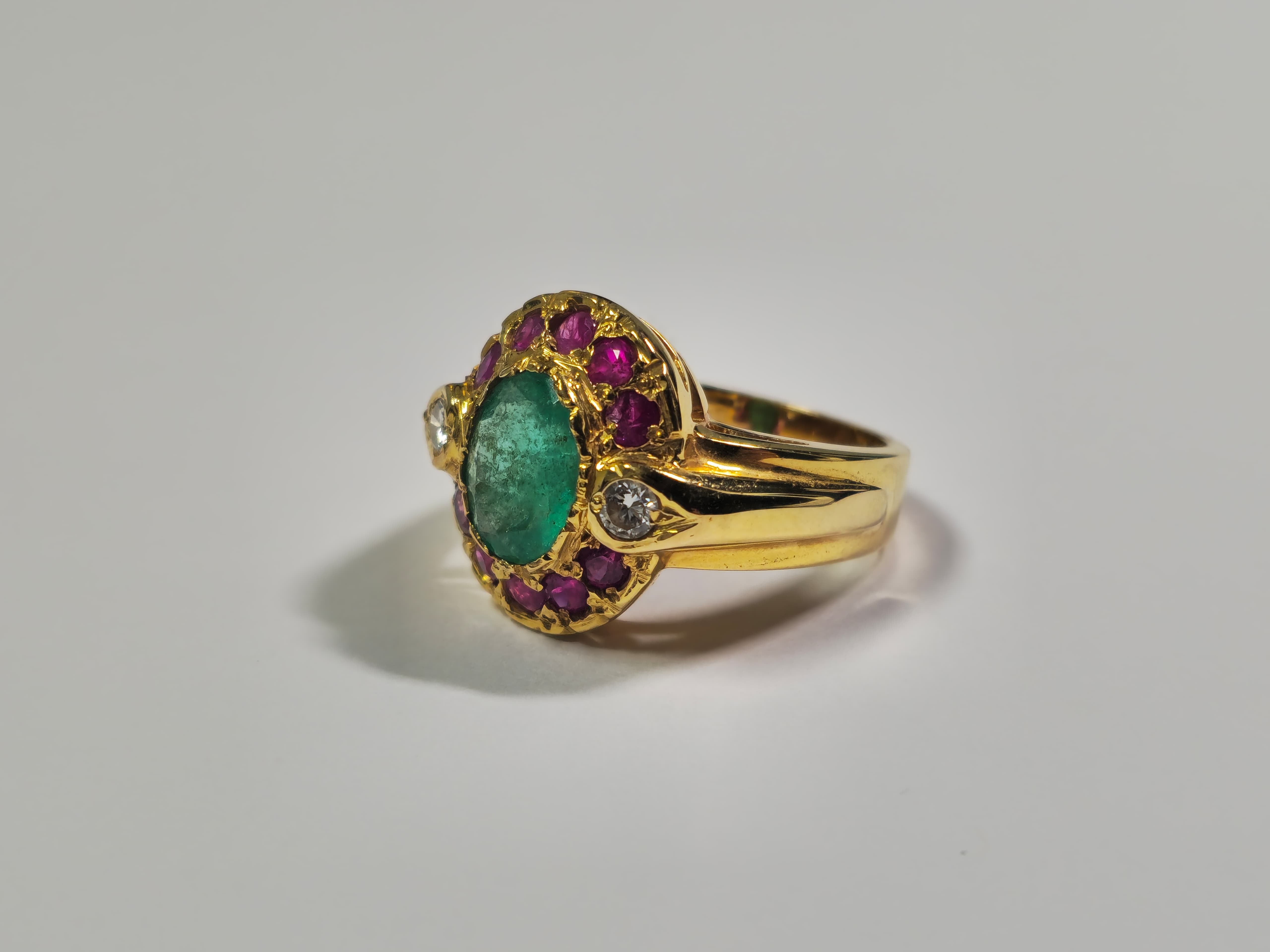 2.4ct Emerald,  Ruby and Diamond Ring in 18k Gold