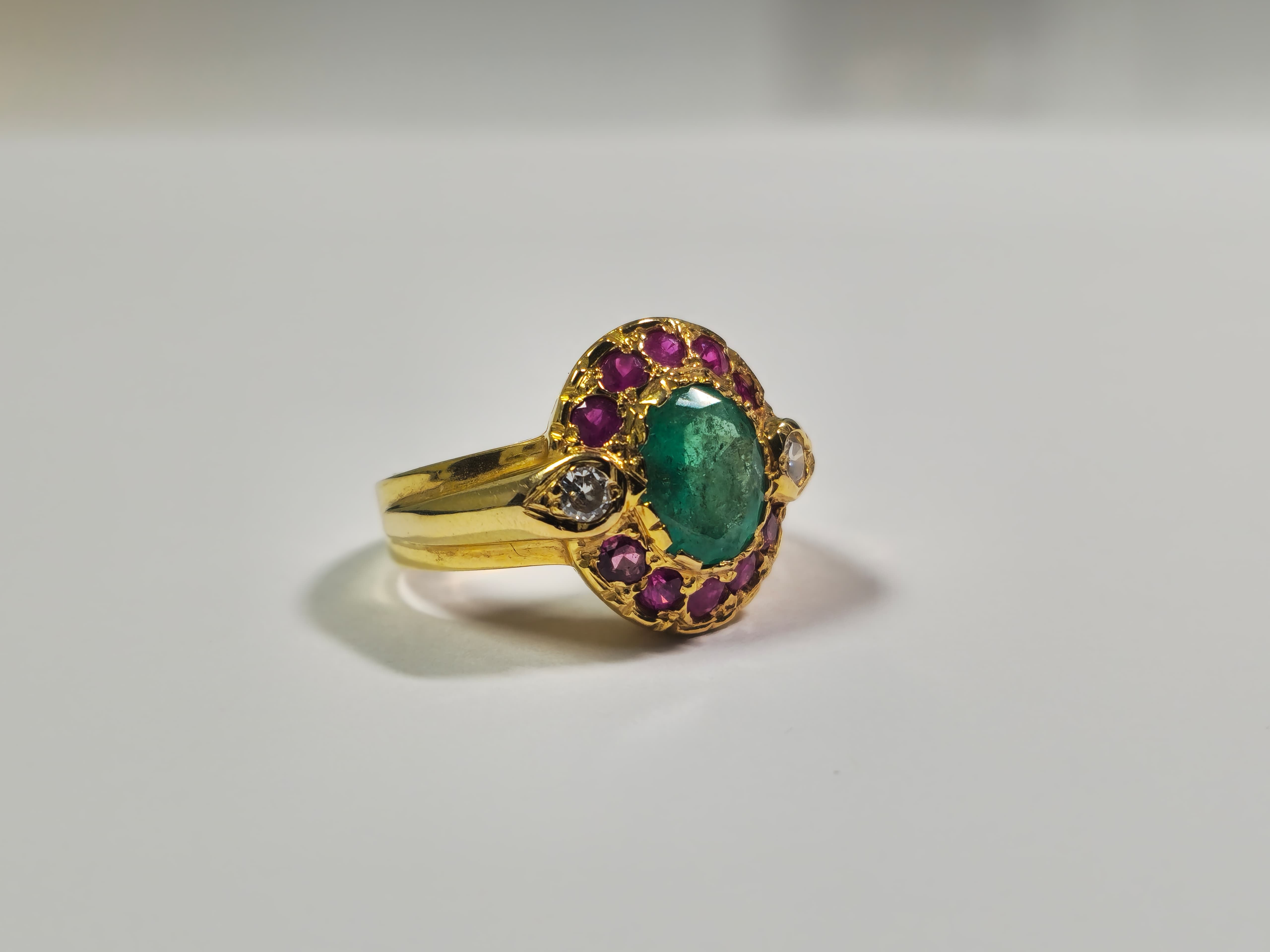 2.4ct Emerald,  Ruby and Diamond Ring in 18k Gold