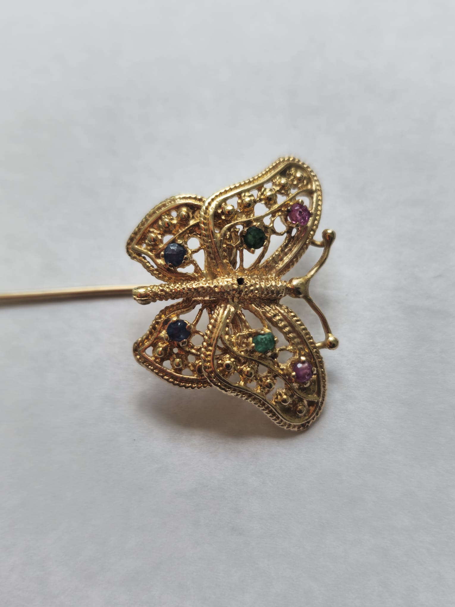 Butterlfy Motif Multi Gemstone Pin in 18k Yellow gold