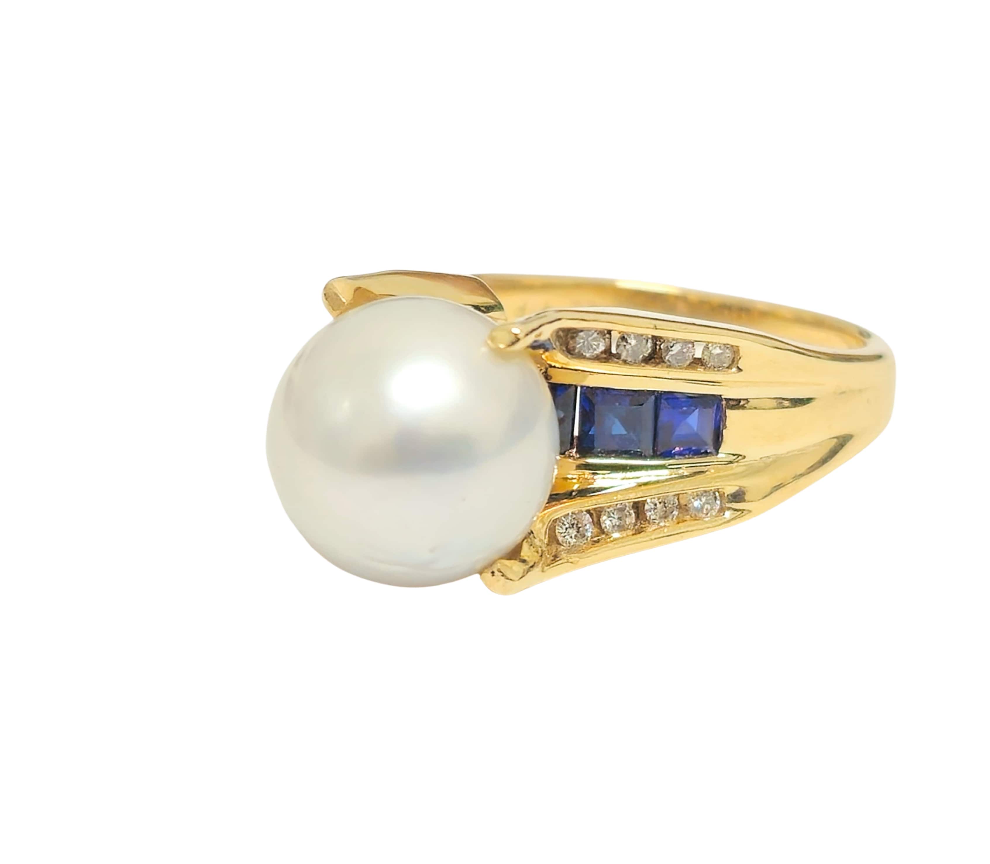 Blue Sapphire and Diamond 10k Gold Pearl Ring