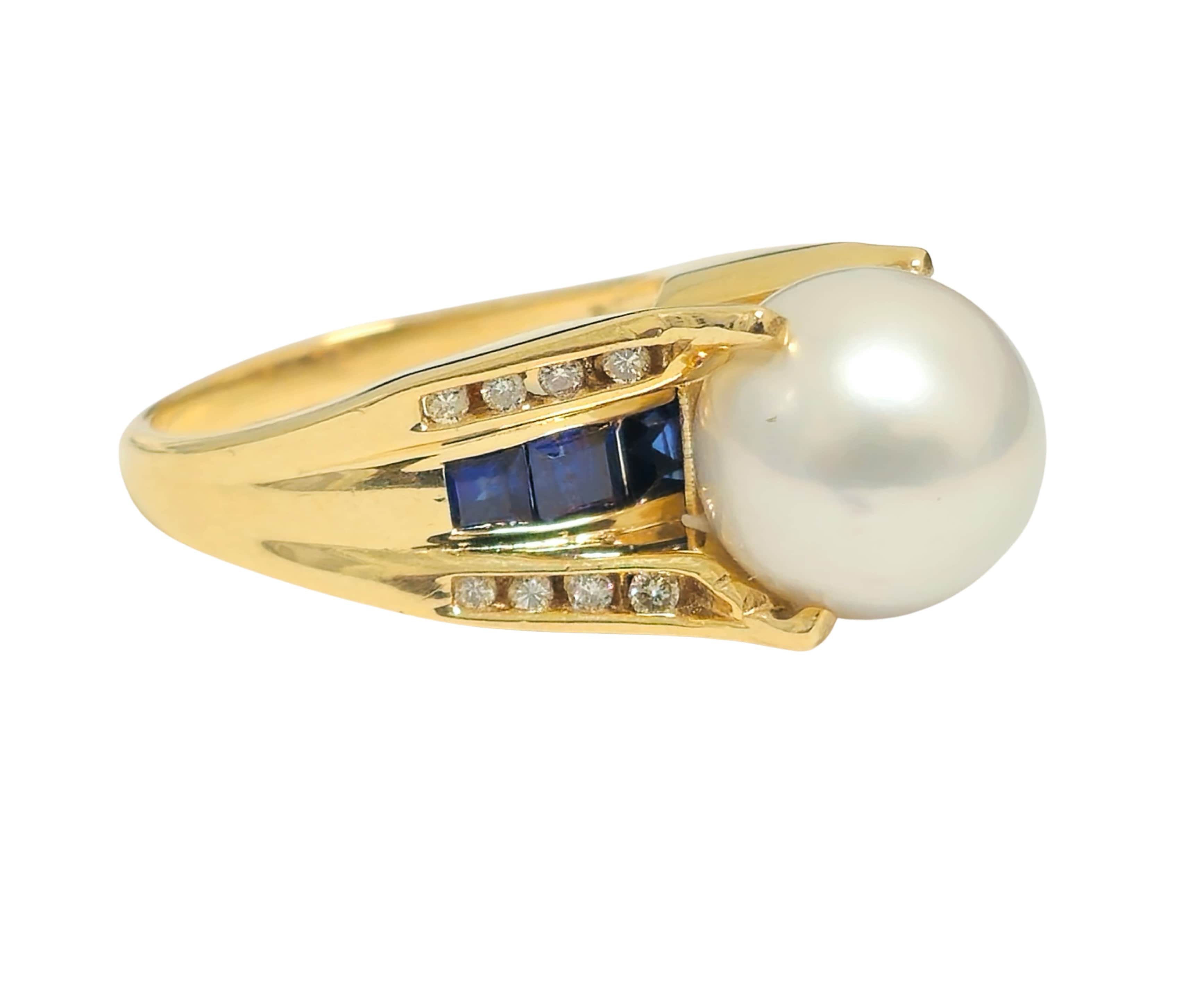 Blue Sapphire and Diamond 10k Gold Pearl Ring