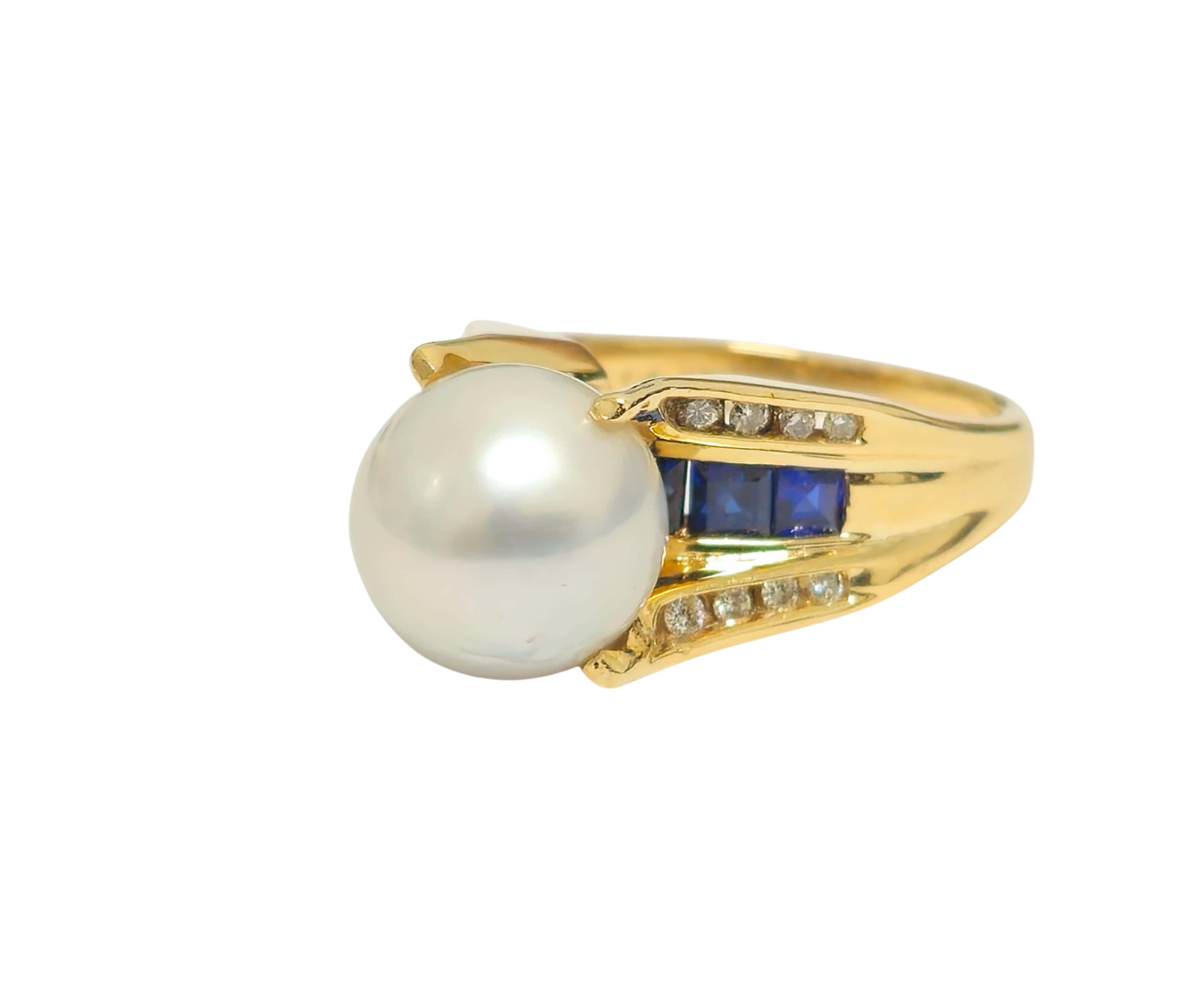 Blue Sapphire and Diamond 10k Gold Pearl Ring