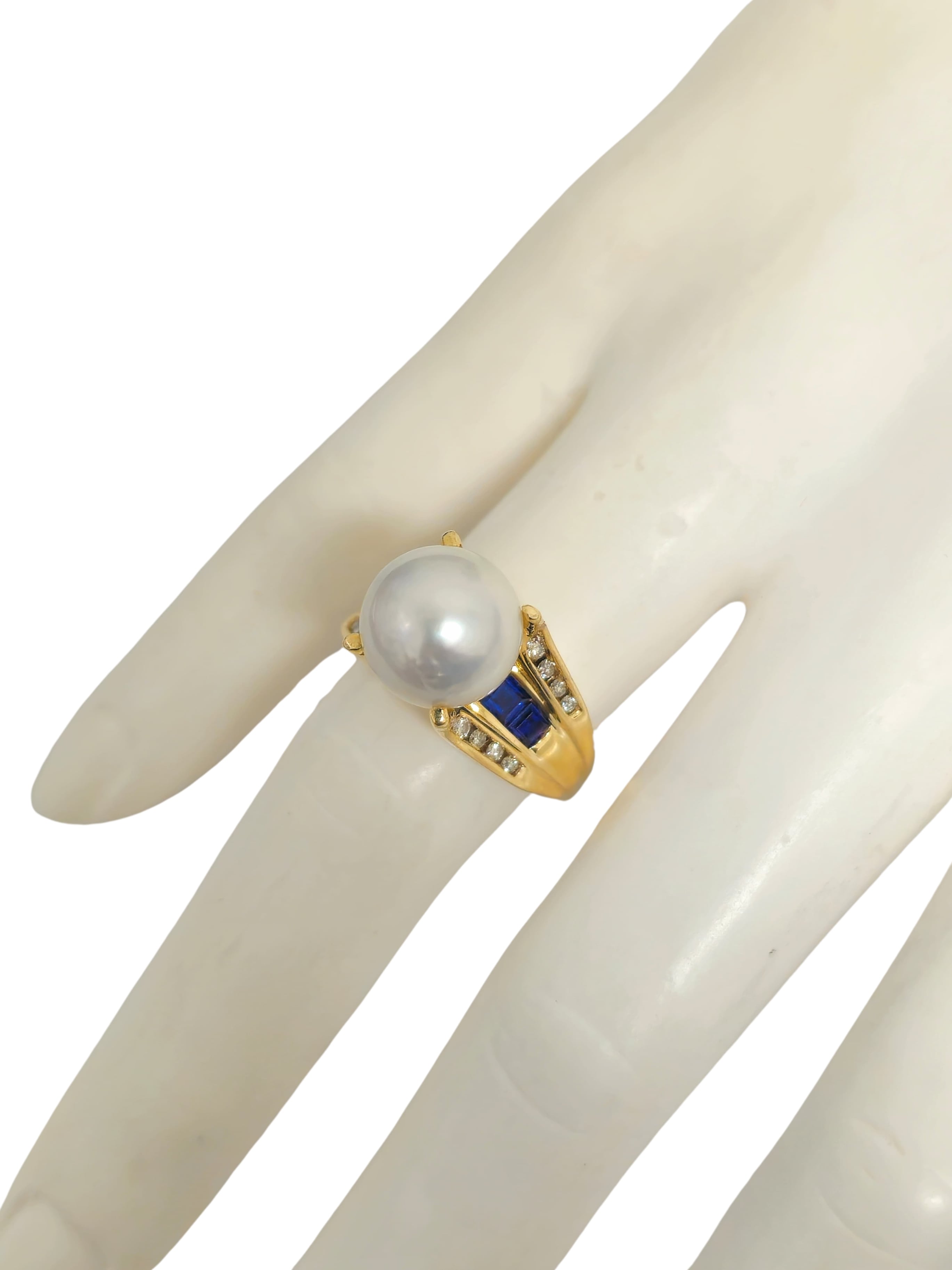 Blue Sapphire and Diamond 10k Gold Pearl Ring