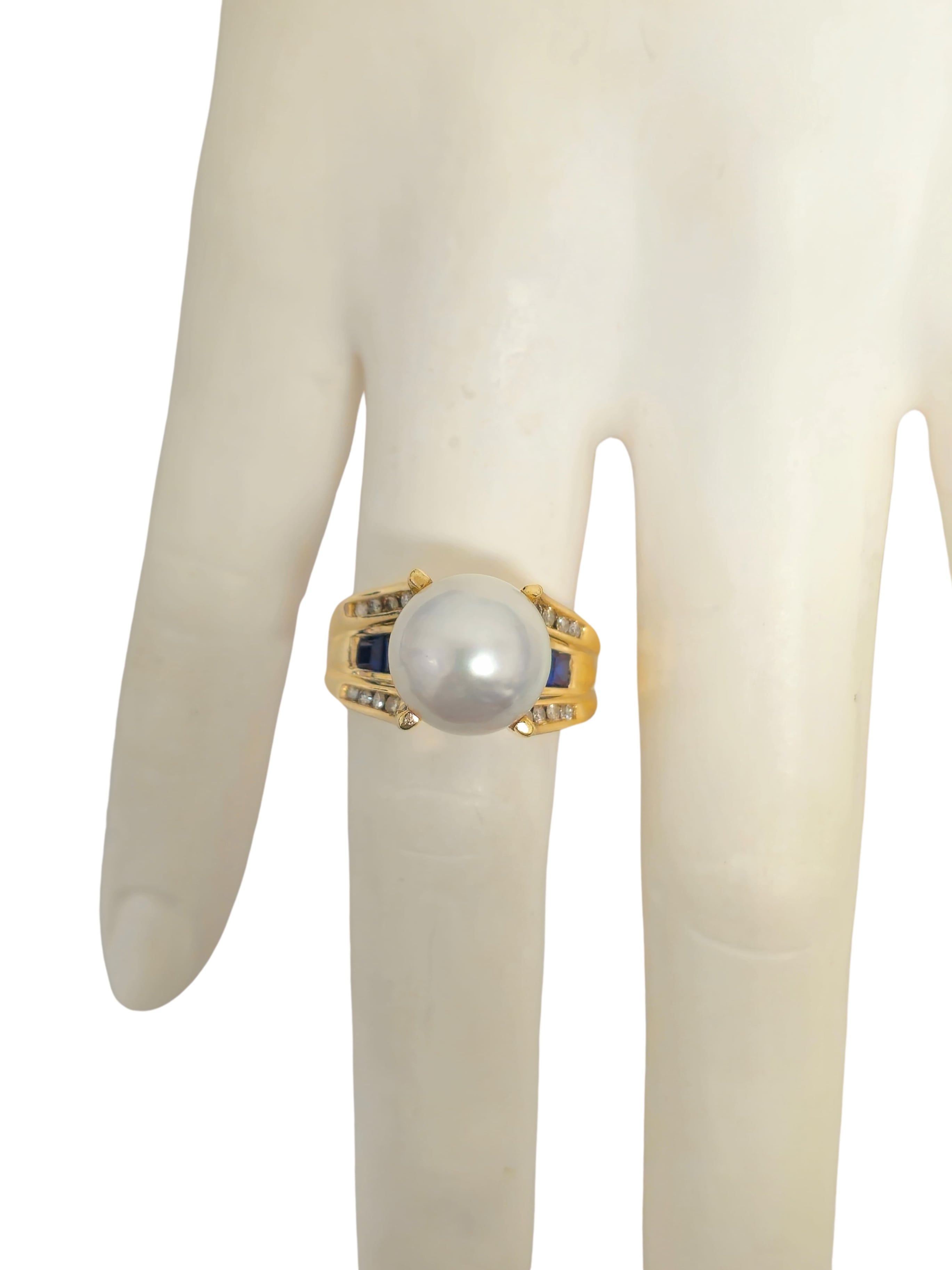 Blue Sapphire and Diamond 10k Gold Pearl Ring