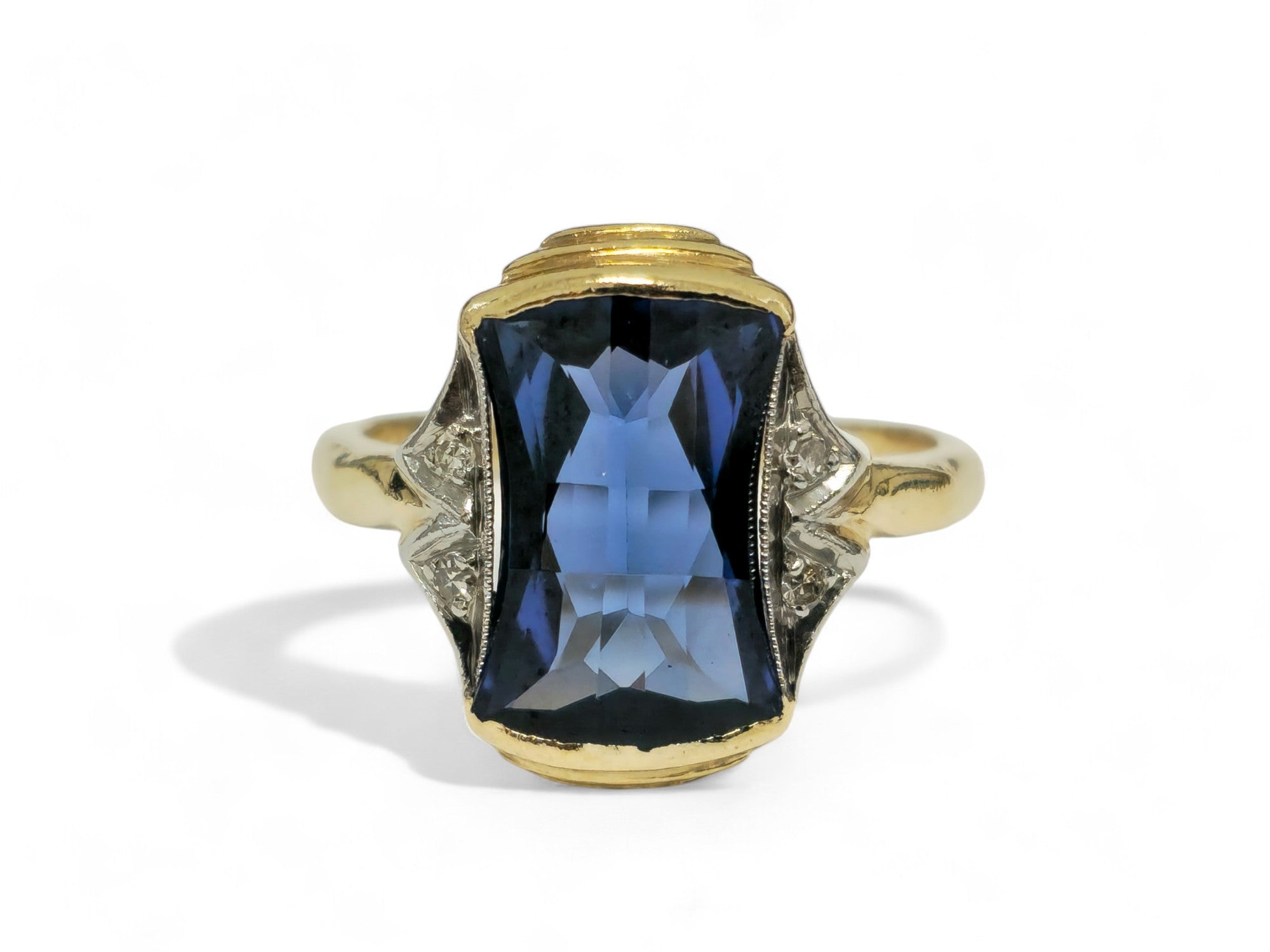 Art Deco 14k Yellow Gold 4ct Blue Sapphire Diamond Ring