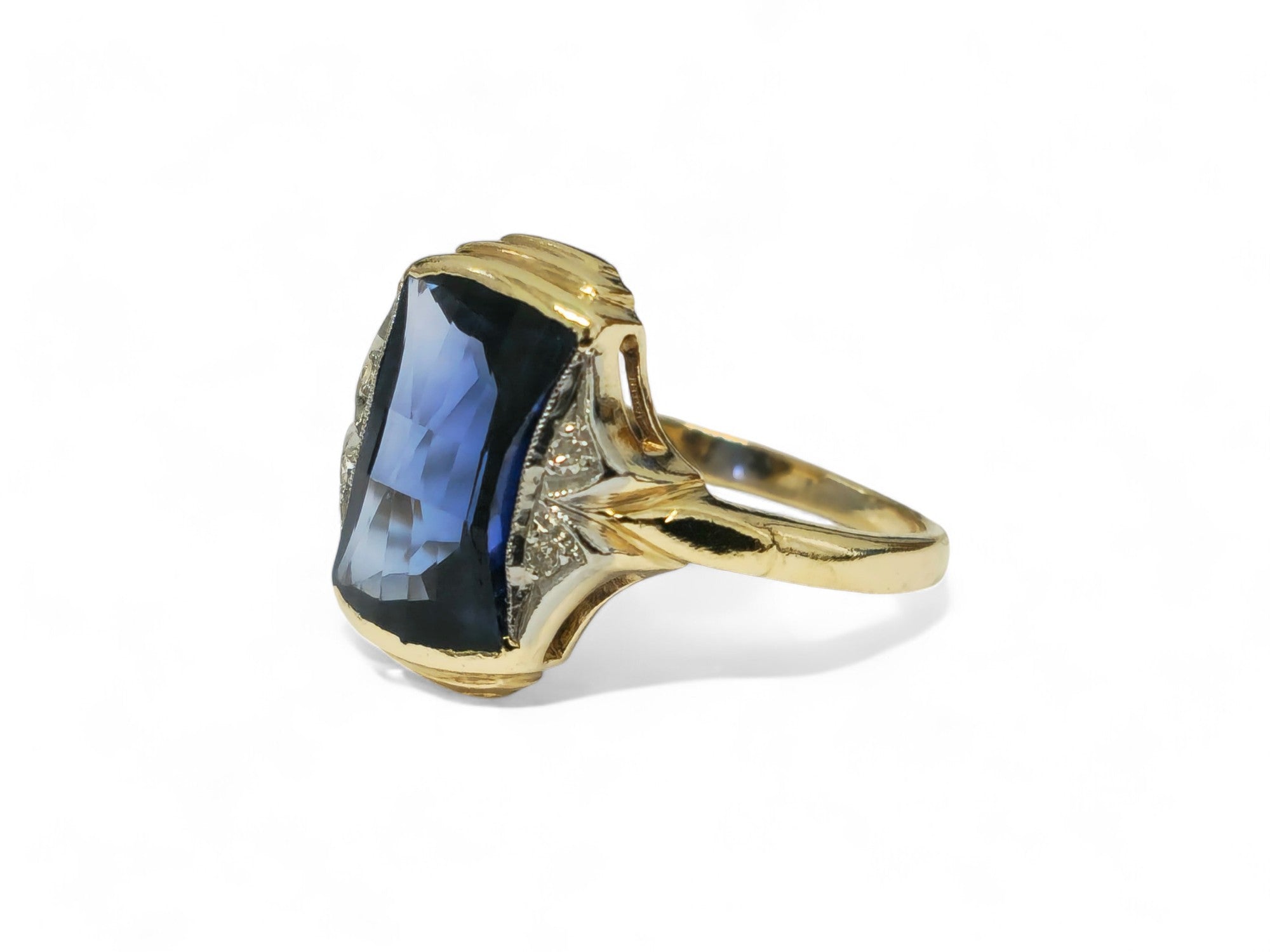 Art Deco 14k Yellow Gold 4ct Blue Sapphire Diamond Ring