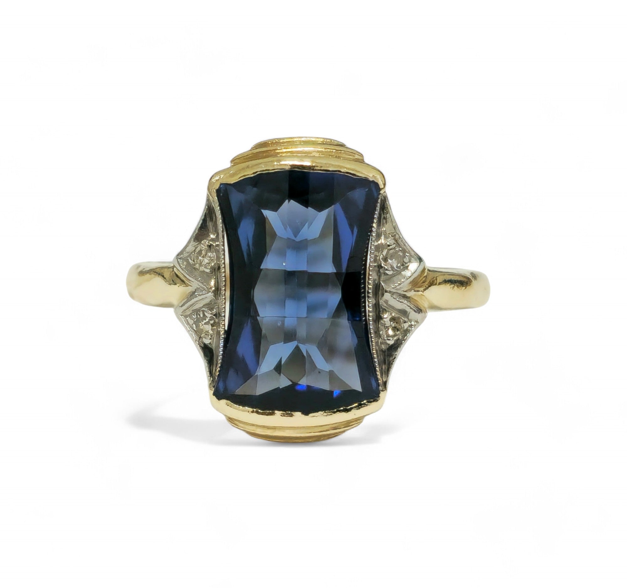 Art Deco 14k Yellow Gold 4ct Blue Sapphire Diamond Ring