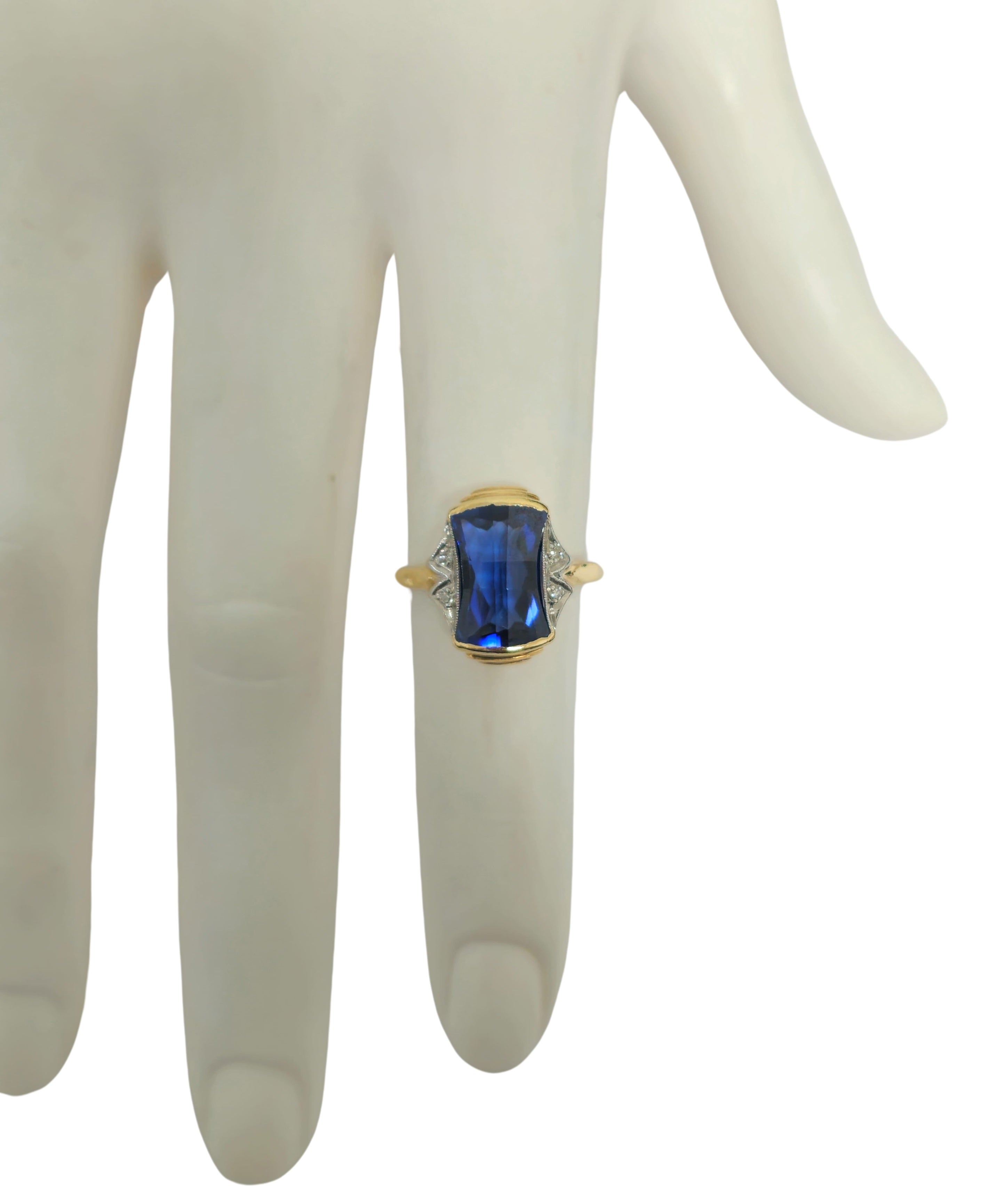 Art Deco 14k Yellow Gold 4ct Blue Sapphire Diamond Ring