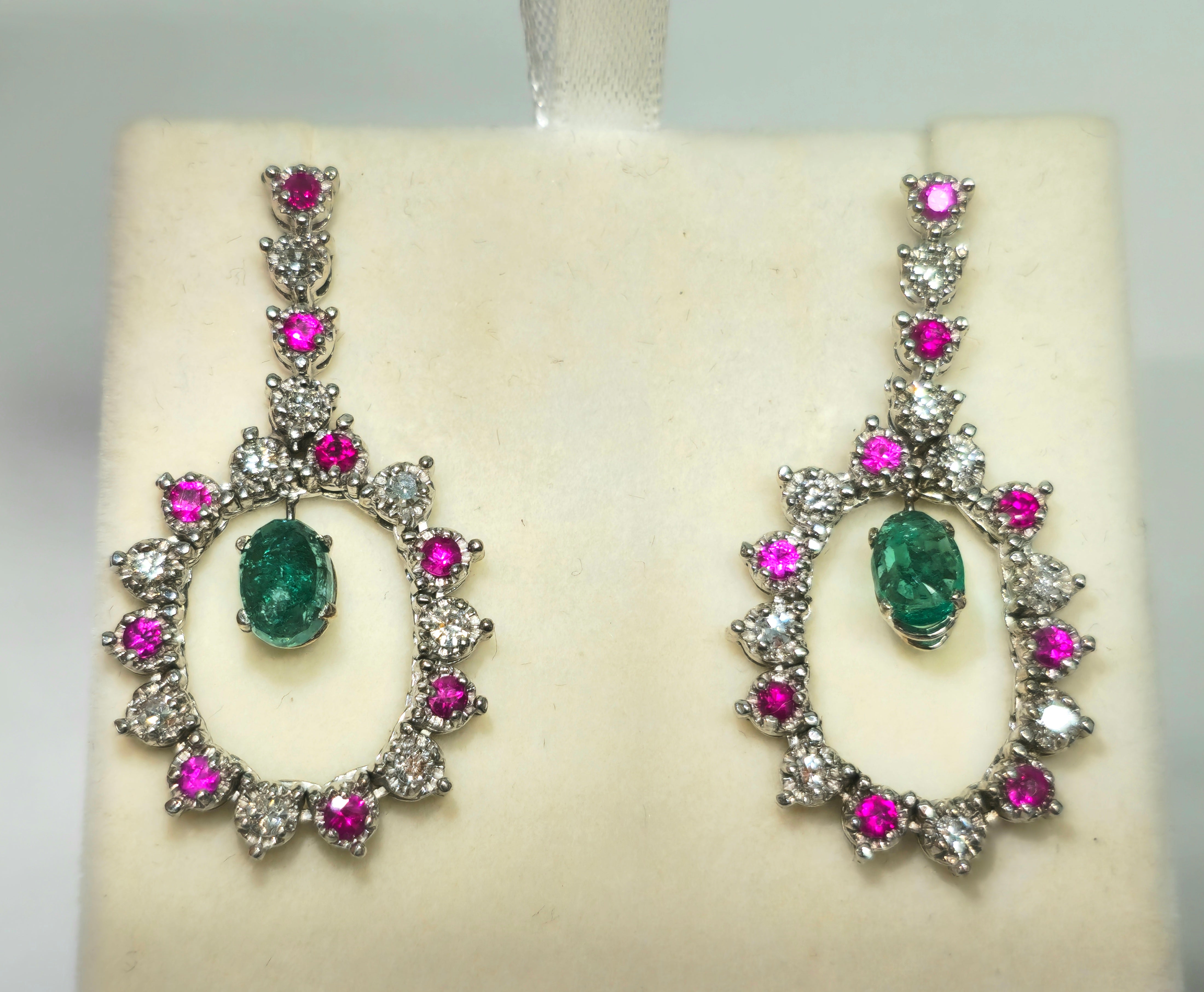 Cocktail Emerald Diamond Ruby Dangle Earrings