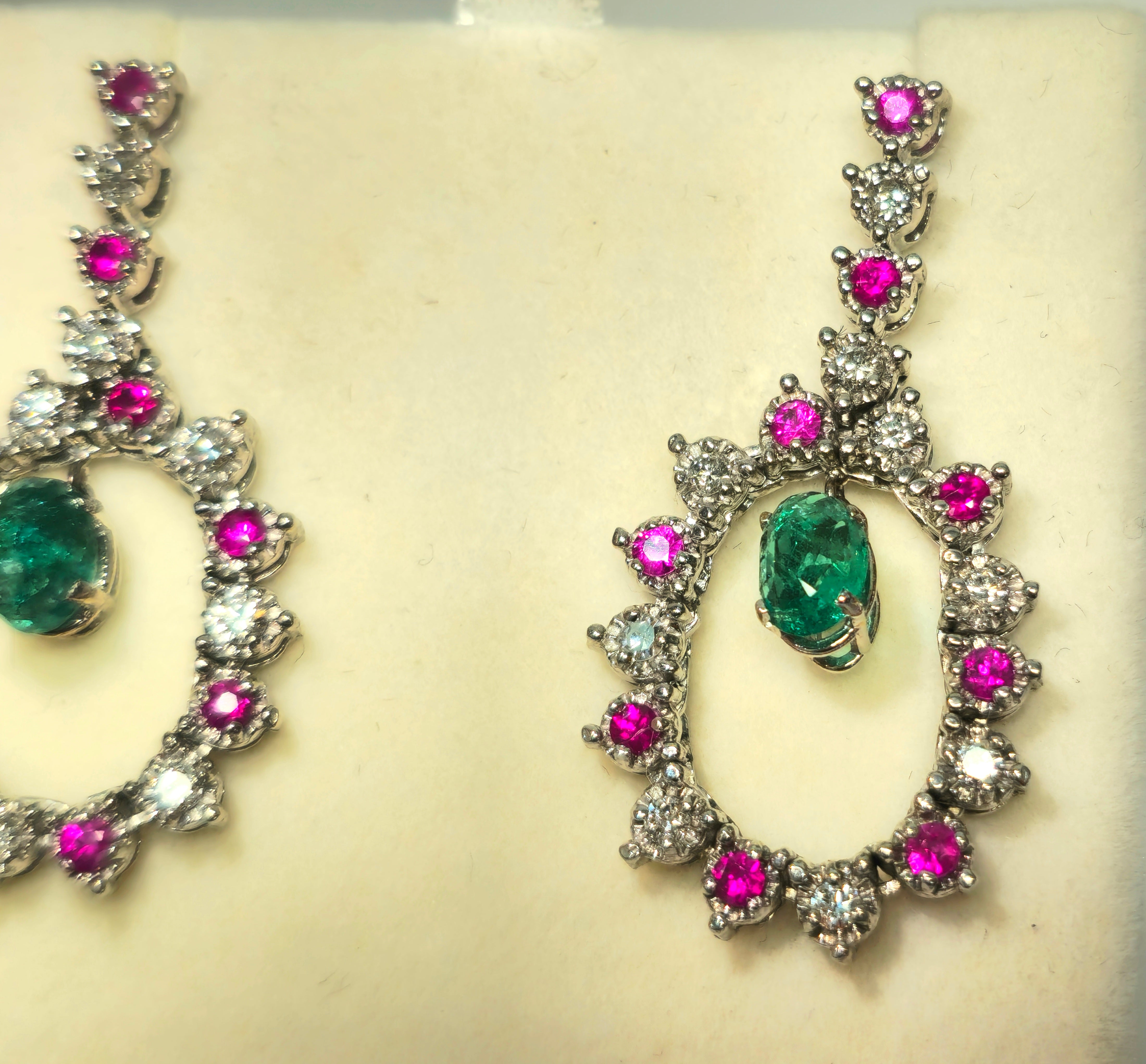 Cocktail Emerald Diamond Ruby Dangle Earrings