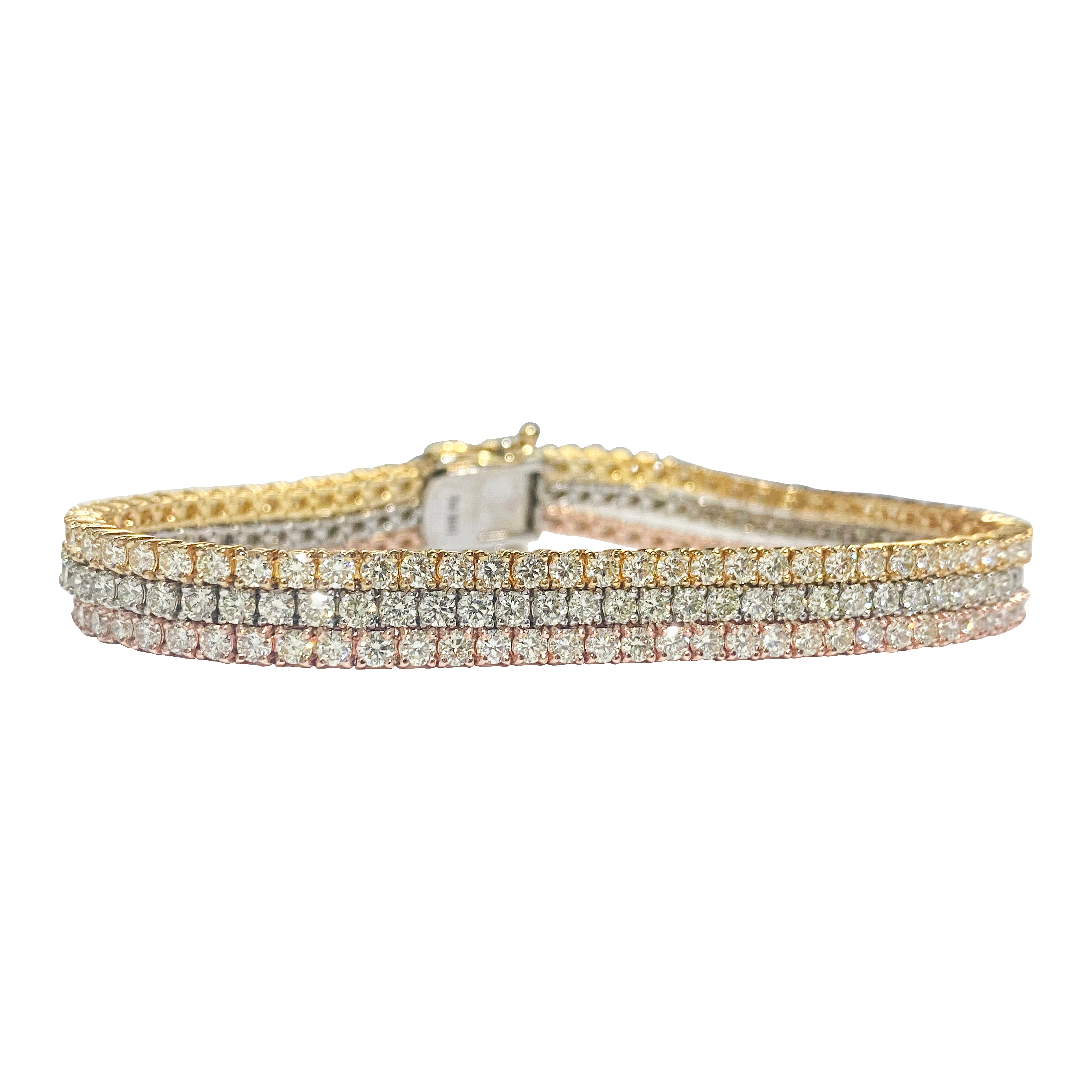 10.50ct 3 Row Tennis Bracelet Trio Color 10k Gold