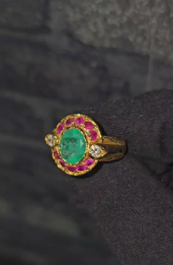 2.4ct Emerald,  Ruby and Diamond Ring in 18k Gold