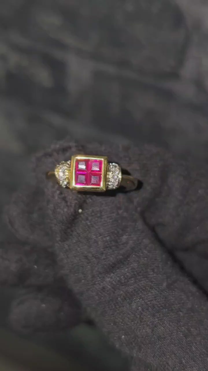 18K Gold, 0.92 carat diamond and natural ruby ring