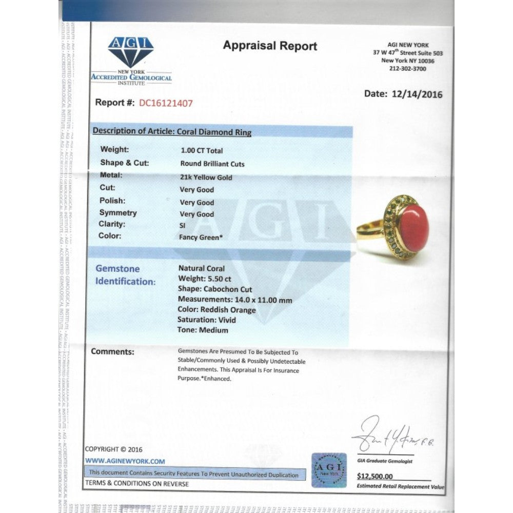 21K Gold Fancy Green Diamond And Coral Ring - Prince The Jeweler 21k-gold-fancy-green-diamond-and-coral-ring, Rings