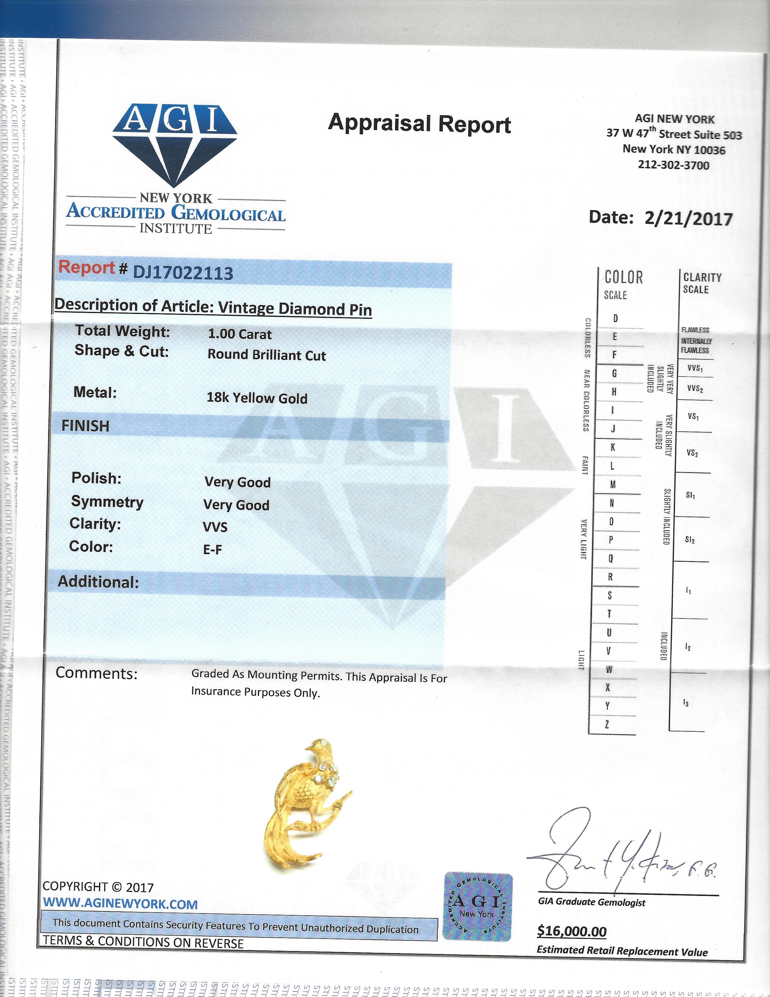 18K Yellow Gold, VVS Diamond Vintage Bird Pin - Prince The Jeweler 18k-yellow-gold-vvs-diamond-vintage-bird-pin, Pins