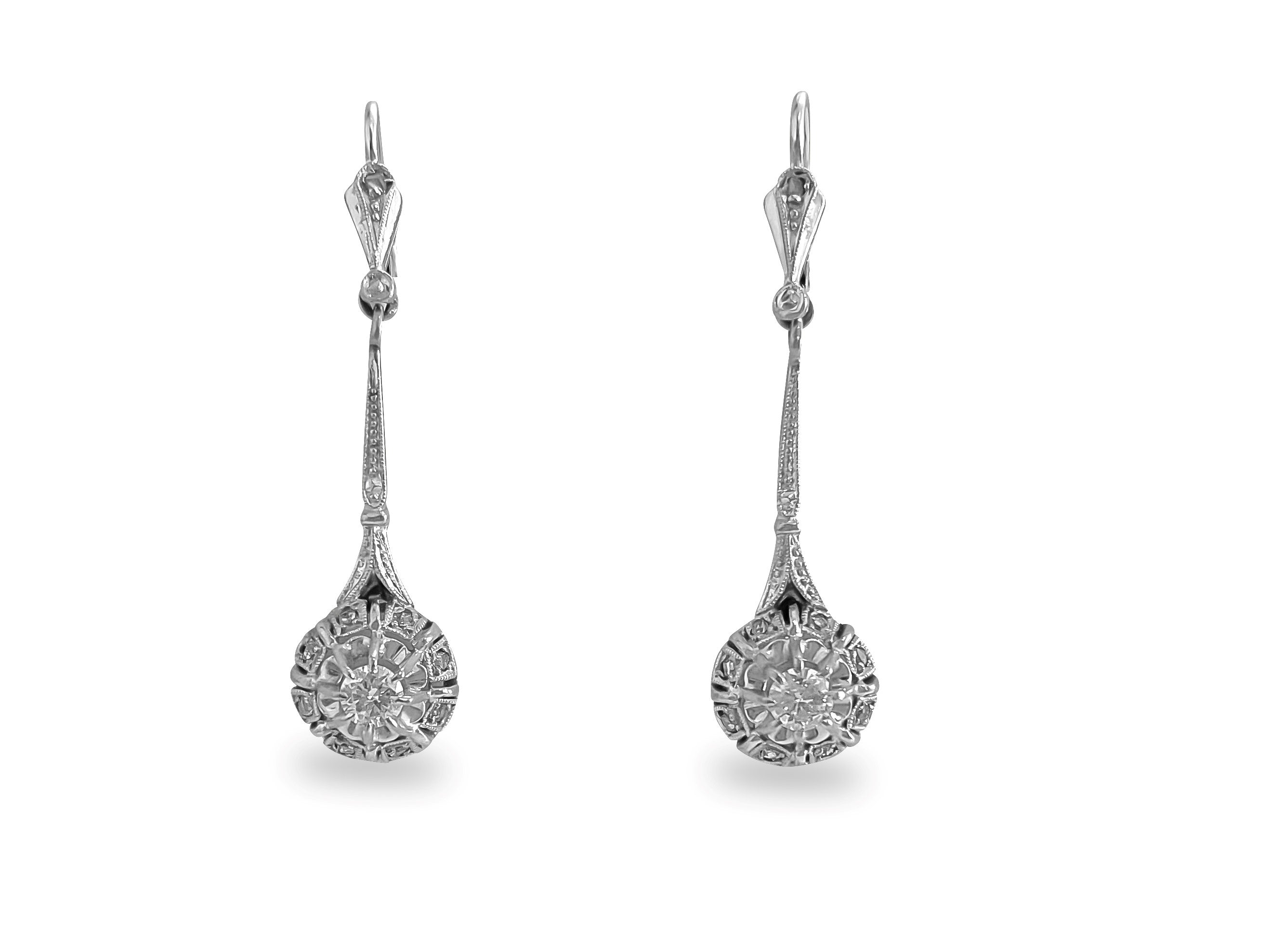 Vintage, 18k White Gold & Diamond Dangle Earrings - Prince The Jeweler vintage-18k-white-gold-diamond-dangle-earrings, Earrings