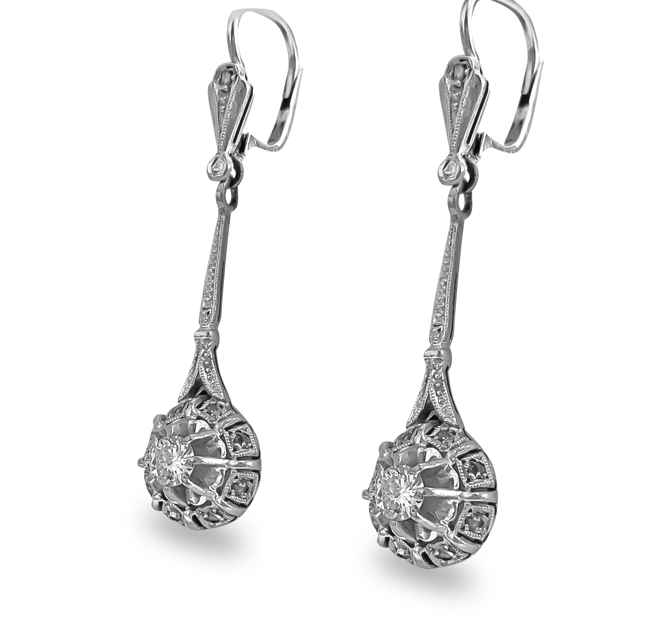 Vintage, 18k White Gold & Diamond Dangle Earrings - Prince The Jeweler vintage-18k-white-gold-diamond-dangle-earrings, Earrings